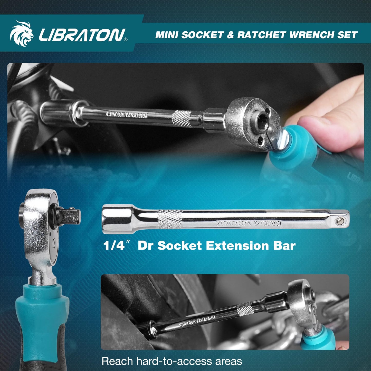 LIBRATON 37PCS 1/4" Drive Mini Socket & Ratchet Wrench Set with Bits, 4-13mm Shallow Sockets, Magnetic Driver Handle, Extension Bars & Universal Joint, with Storage Case for DIY, Auto Repair