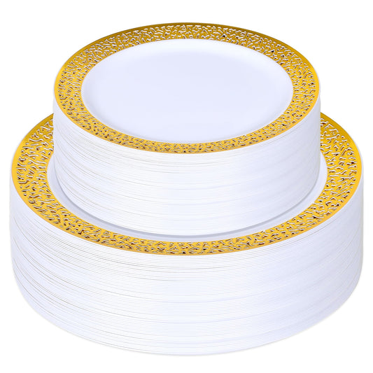 100 Pieces Disposable Party Gold Plastic Lace Plates, 50 Heavy Duty Gold Dinner 10.25 Inch and 50 Disposable Dessert Appetizer Elegant Fancy Wedding 7.5 Inch Plates