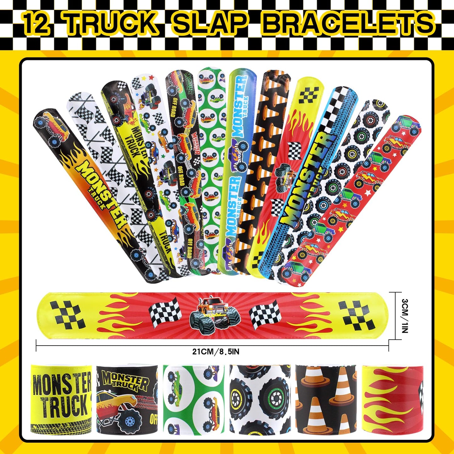 Monster Truck Party Favors Set - 110 PCS Truck Themed Party Gift Goodie Bags with Car Bubble Wand DIY Stickers Keychains Slap Bracelets for Birthday Supplies