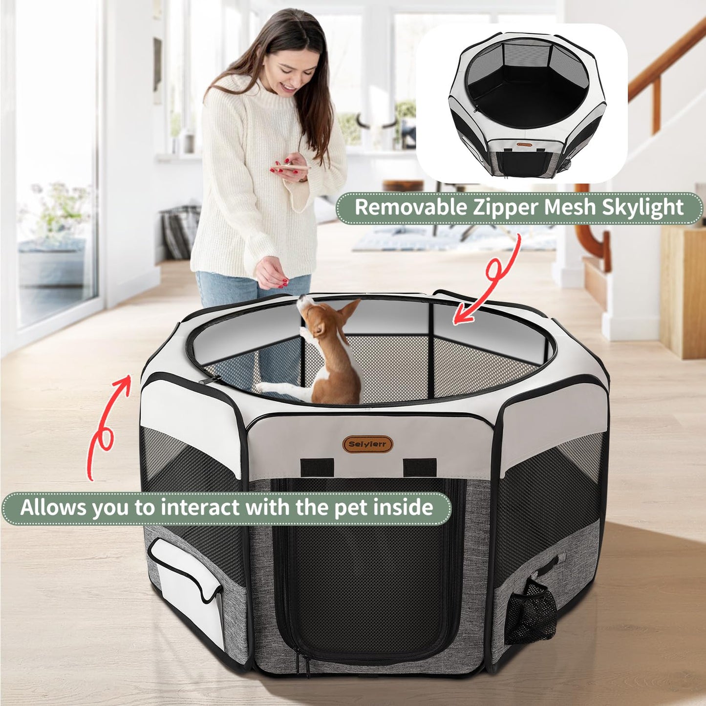 Seiyierr Dog Playpen, Portable Puppy Playpen, Pet Playpen, Dog Playpen for Small Dogs Cats Indoor Outdoor, Dog Play Pen with Carring Case, Removable Shade Cover