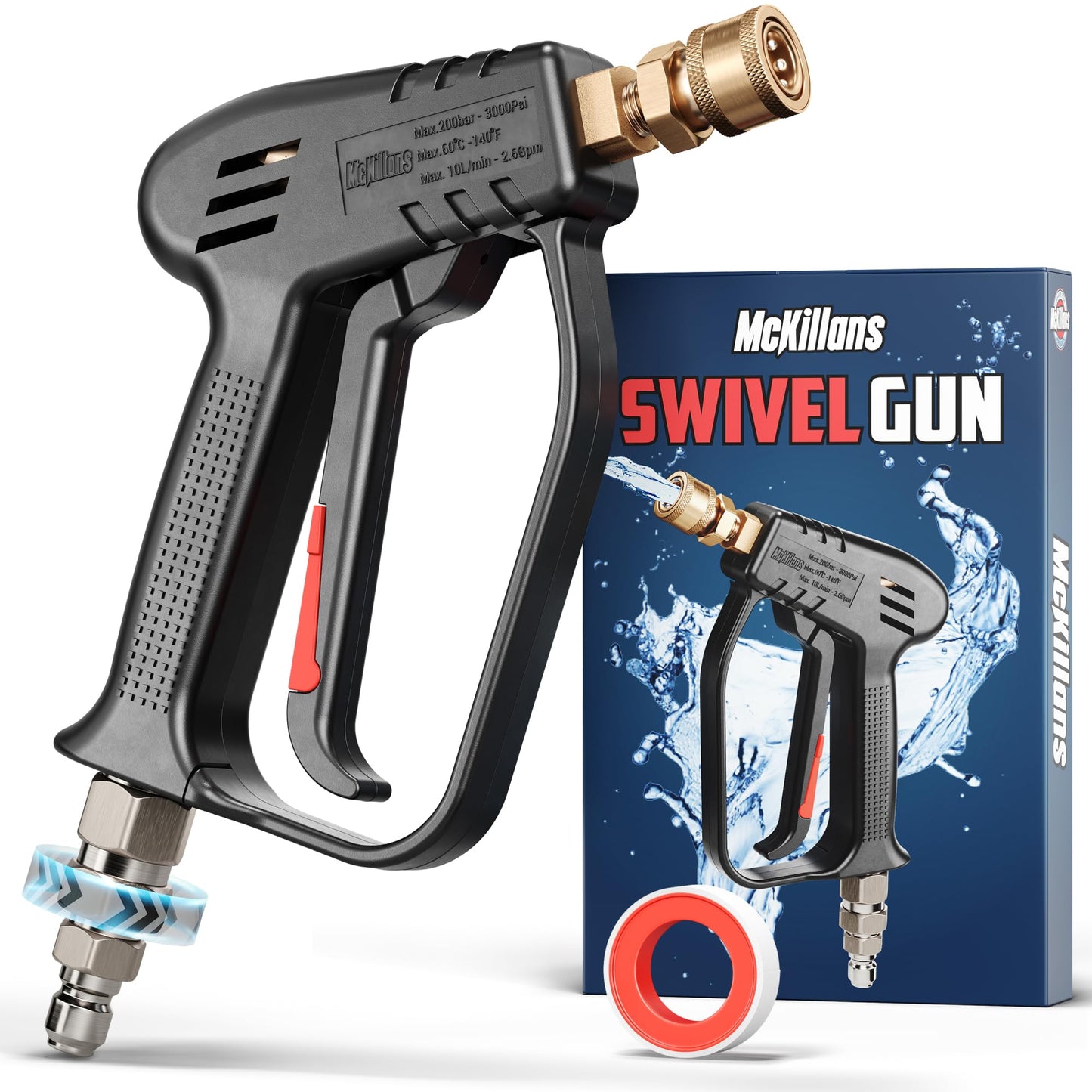 McKillans® Short Pressure Washer Gun Swivel - High Pressure Water Handle with 3/8" Male Plug and 1/4” Quick Connector Coupler - Power Washer Gun Compatible with Foam Cannon - Car Wash Foam Gun