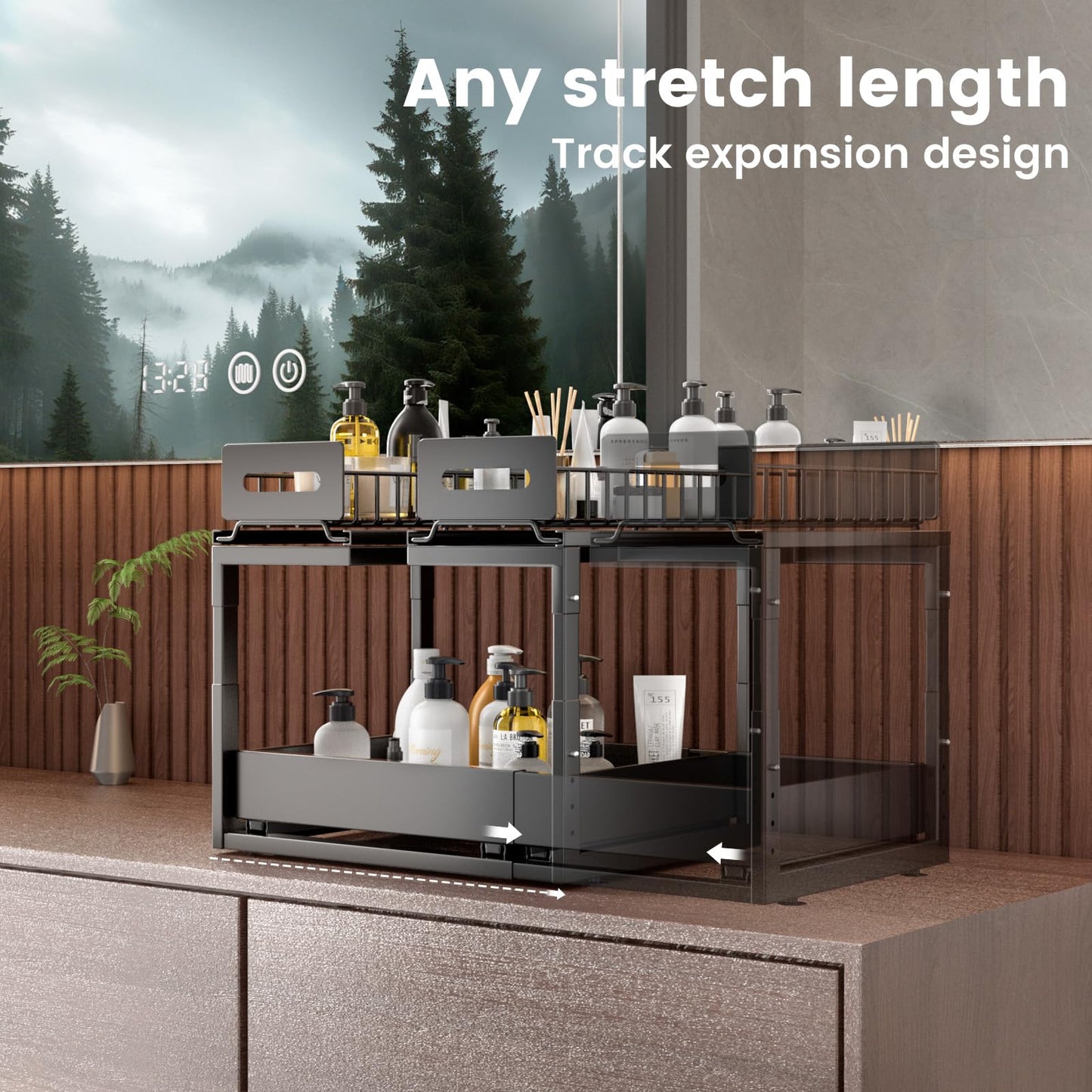 Under Sink Organizer, 2 Tier Expandable Pull Out Cabinet Organizer, Bathroom Organizers, Slide Out Organizer for Kitchen, Bathroom, Pantry & Closet, Kitchen Organizers and Storage (Black)