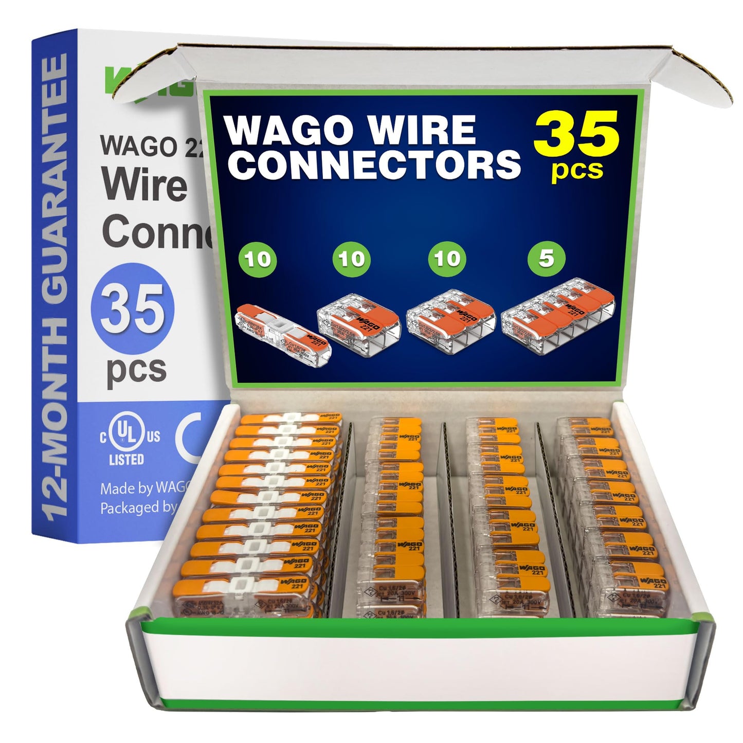 WAGO 221 Series 35pc Compact Splicing Wire Connectors | Includes (10x 221-2401), (10x 221-412), (10x 221-413), (5X 221-415) | WAGO Wire Connectors | 221 Straight Inline Splice | Electrical Lever Nuts