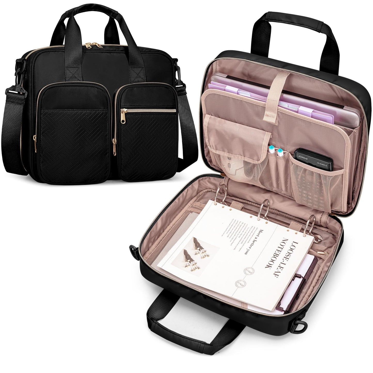 Prokva 3 Ring Zipper Binder, 2 Inch Ring Binder Organizer Bag with Shoulder Strap Fits 13 Inch Laptop and 500 Sheets, Black(Empty Bag Only)