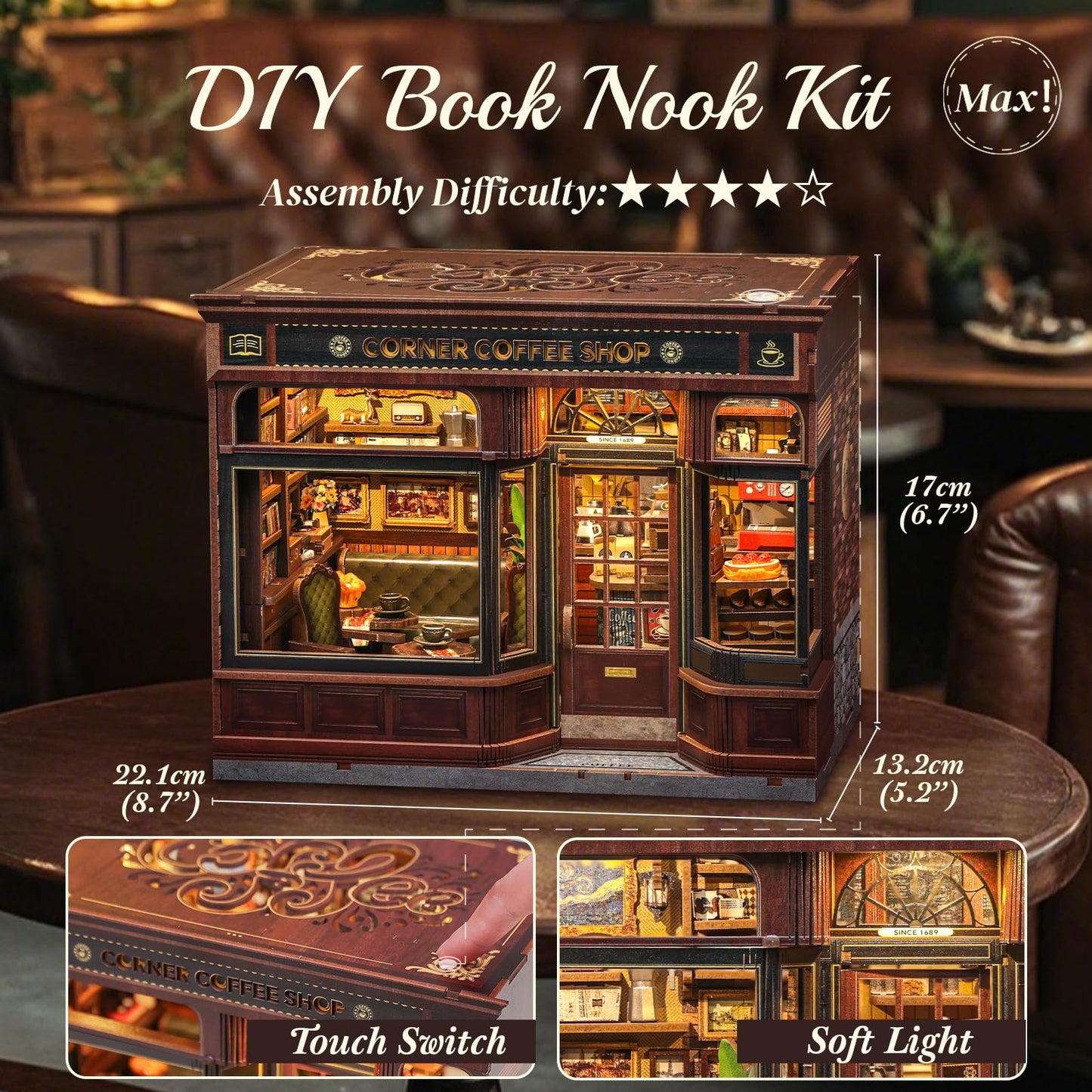 CUTEBEE Book Nook Kit - DIY Miniature House Dollhouse Kit for Adults and Teens, Booknook Tiny Japanese House Bookshelf Decor 3D Wooden Puzzle, Gifts for Family, Friends (Corner Coffee Shop)