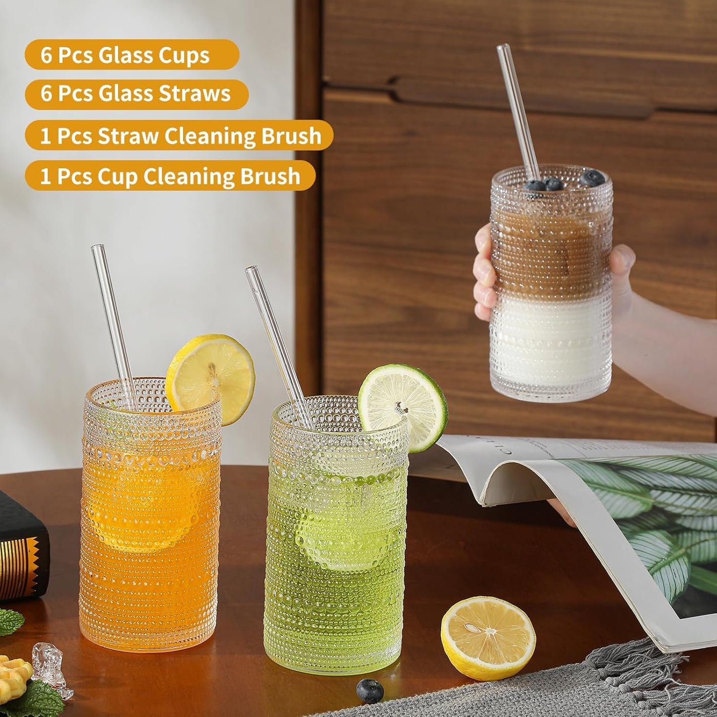 HEFBCOMK Vintage Hobnail Drinking Glasses Set of 6, 16 oz Large Capacity Embossed Clear Tumblers, Highball Glasses for Water, Cocktail, Beer, Whiskey, Juice and Various Mixed Drinks