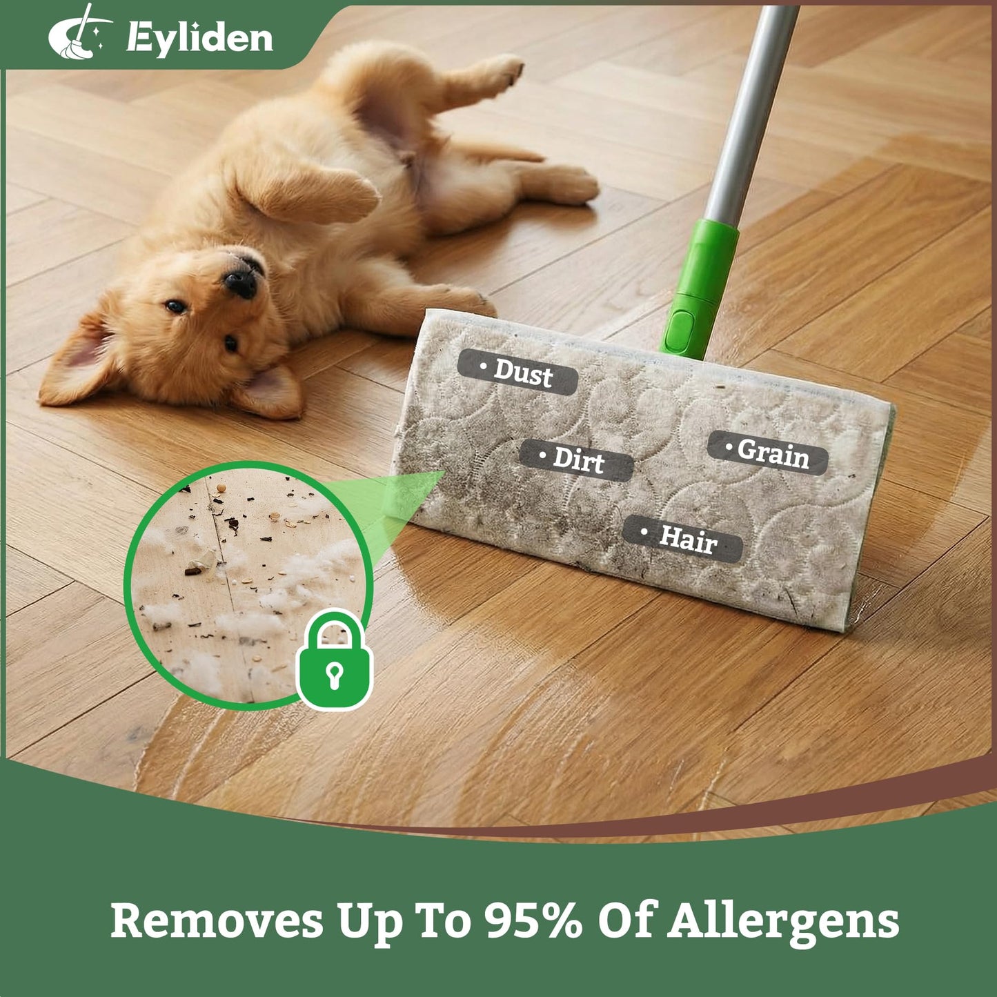 Eyliden Sweeper Mop - Lock Tight Design No Lost Pads - 36 Disposable Dry & Wet Cloths, Dust Mop Starter Kit for Pet Hair, Hardwood Floors, 360 Swivel, Universal Refills, Efficient Floor Cleaning