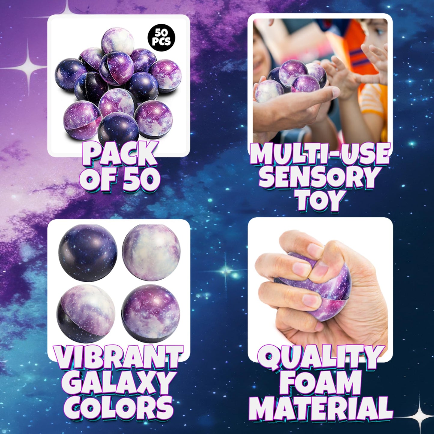 Galaxy Stress Balls for Kids - Pack of 50 Bulk - Squeeze Anxiety Fidget Sensory Balls for Children with Outer Space Theme, Great Toys for Party Favors and Birthday Party Supplies