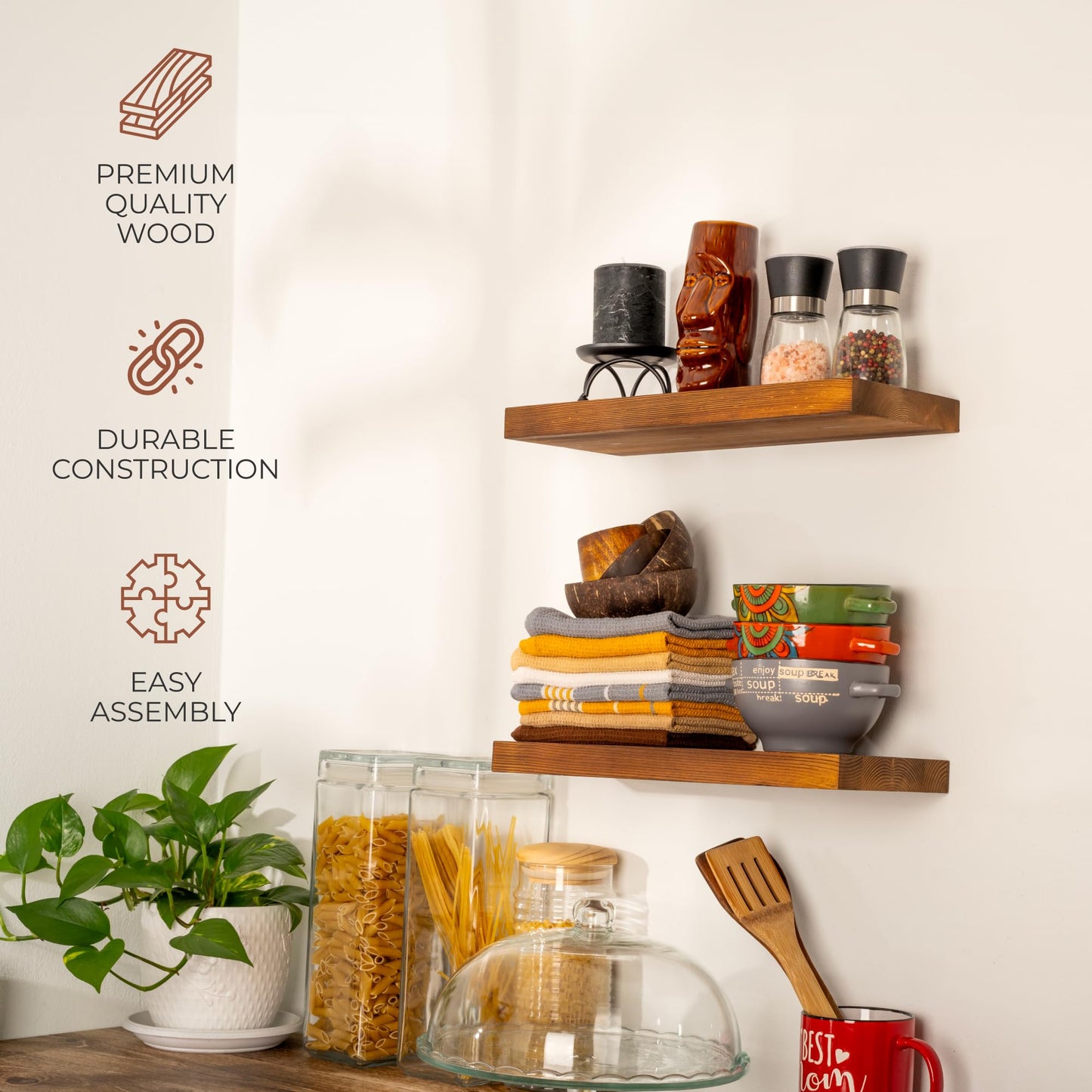 2 Pc Natural Pine Wooden Floating Shelves for Wall with No Drilling; Wall Mounted Wood Shelf Set; Wall Shelves for Living Room, Bathroom, Kitchen and Bedroom Bookshelf (Walnut,16)