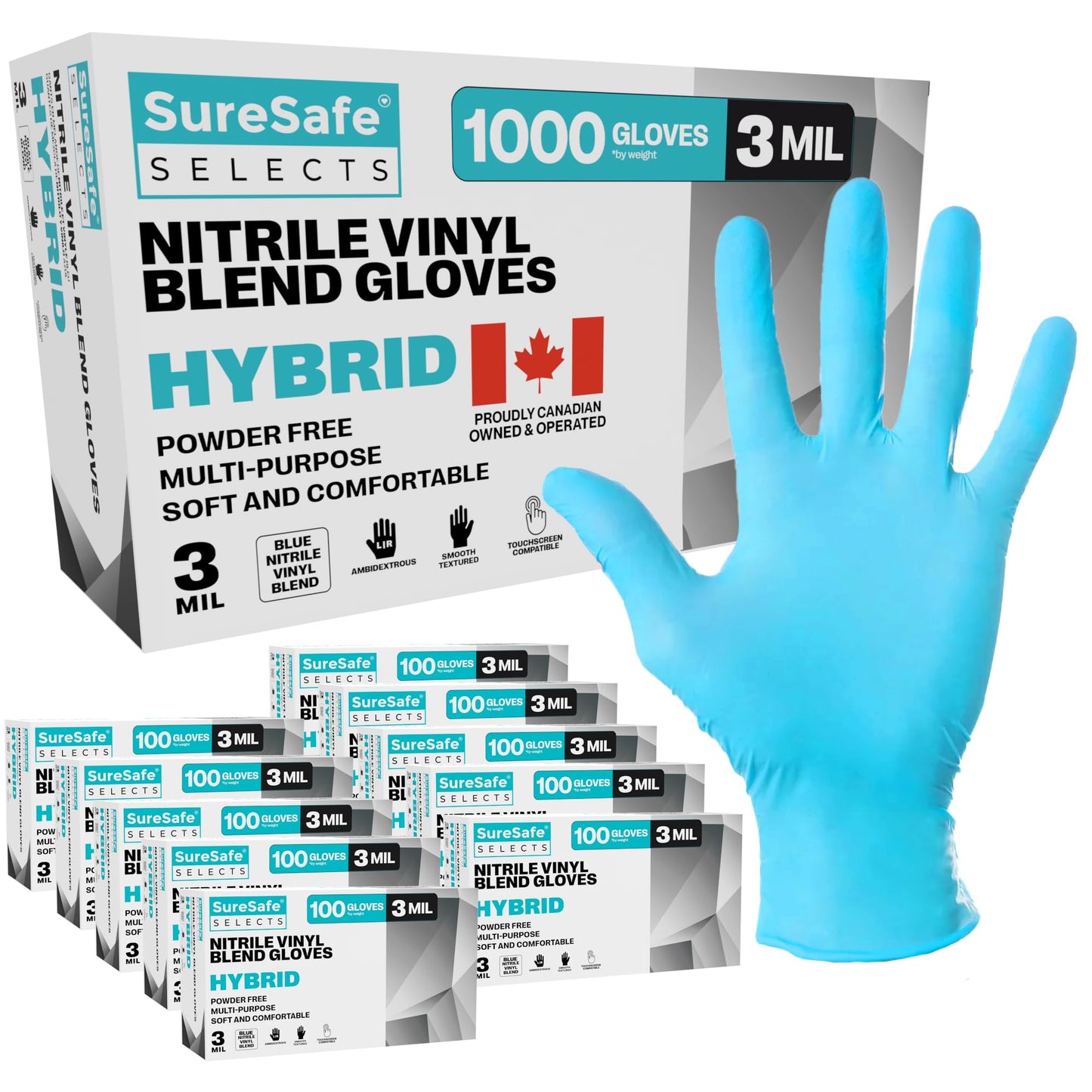[1000 Pack] SURESAFE 3 Mil Vinyl Nitrile Blend Disposable Gloves Large, Blue Gloves For Washing Dishes, For Food Prep, Drawing, Dishwashing, Hair Dye, Kitchen, Painters, Cleaning