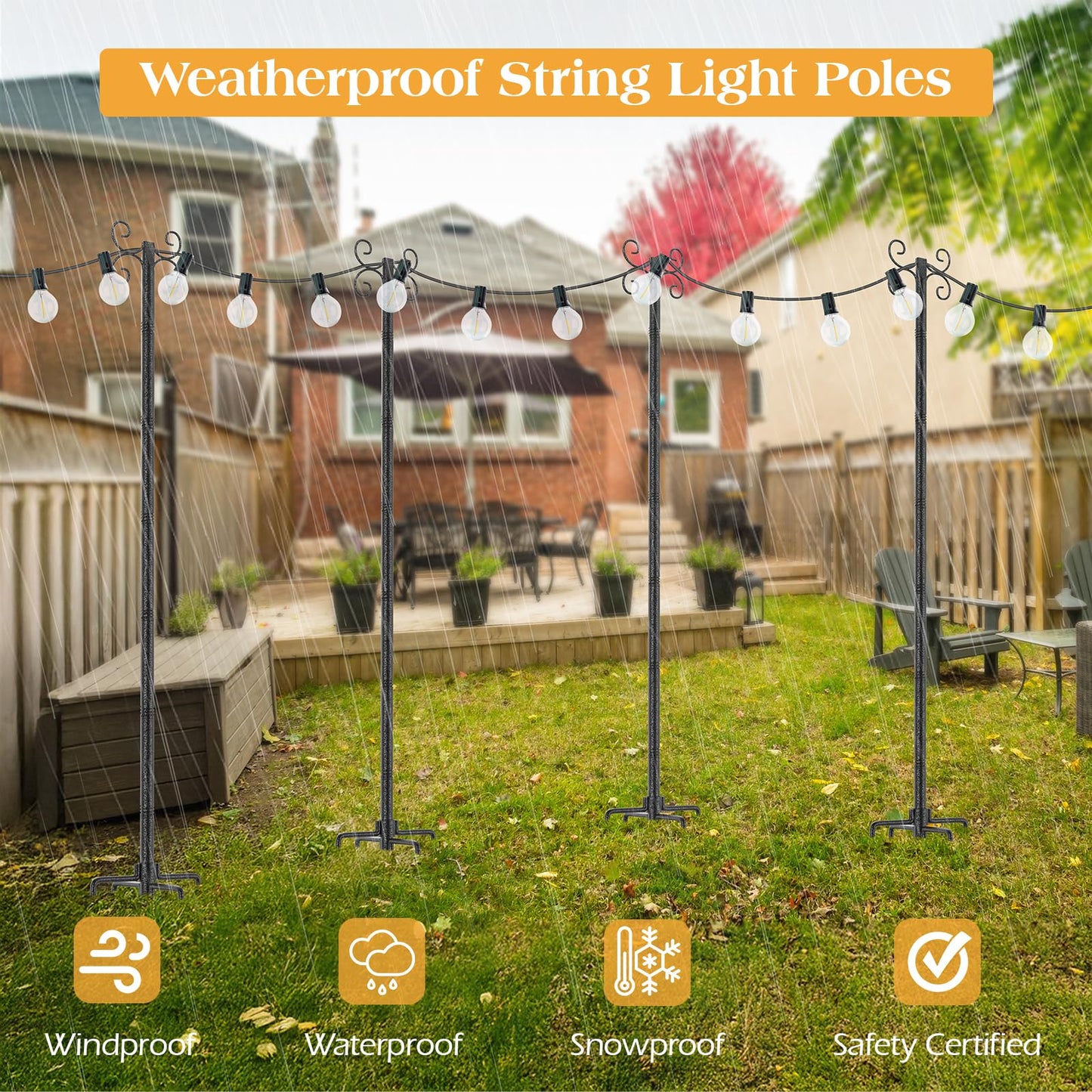 4 Pack String Light Poles, 10Ft Adjustable Height Metal Lights Pole with 4 Hooks and Rustproof, for Yard Patio Decor, Camping, Sun Shades Outdoor, Outside Decor