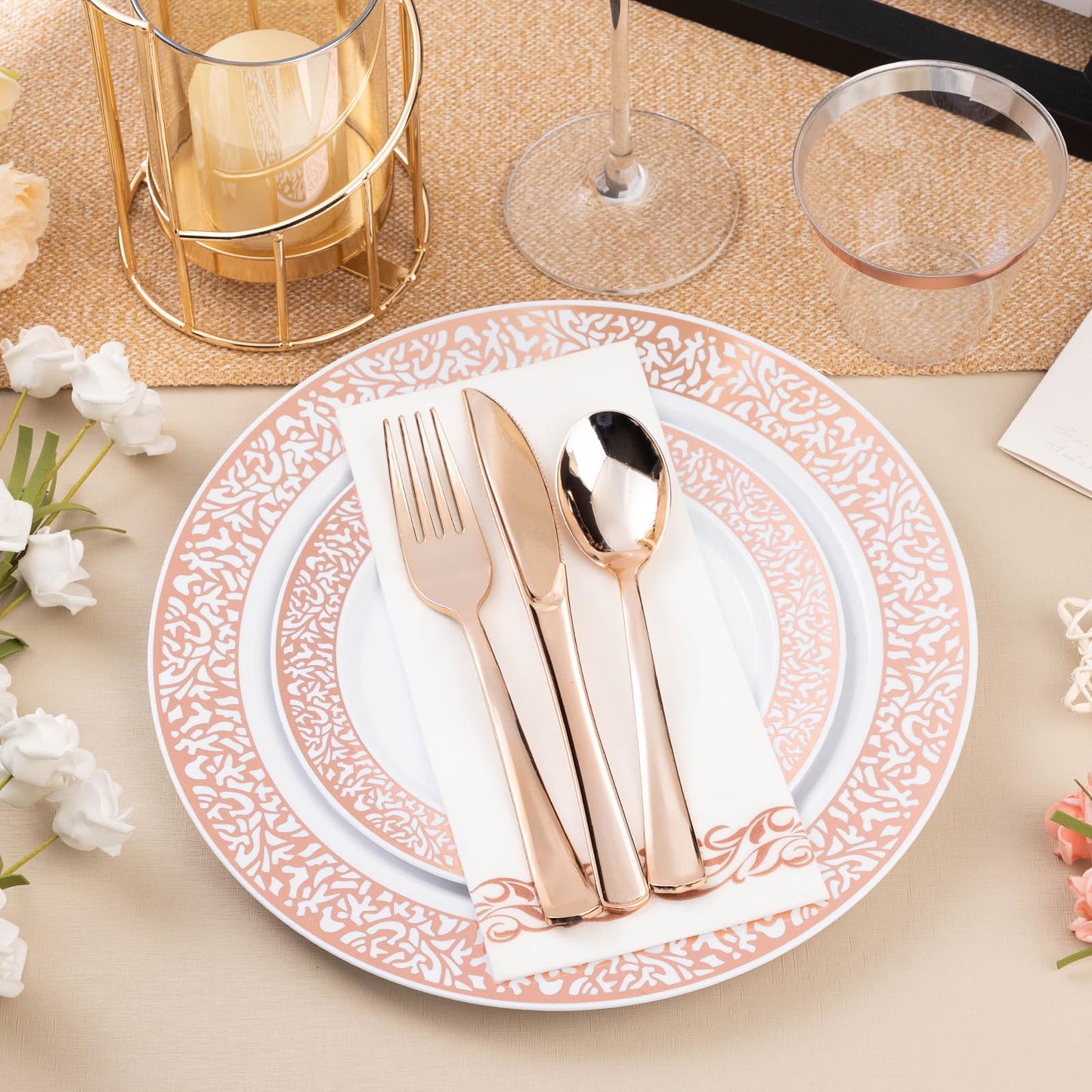 Bestluck 350PCS Rose Gold Plastic Dinnerware Set for 50 Guests, Disposable Plates for Party, Wedding, Include 50 Rose Gold Dinner Plates, 50 Dessert Plates, 50 Set Silverware, 50 Cups, 50 Napkins