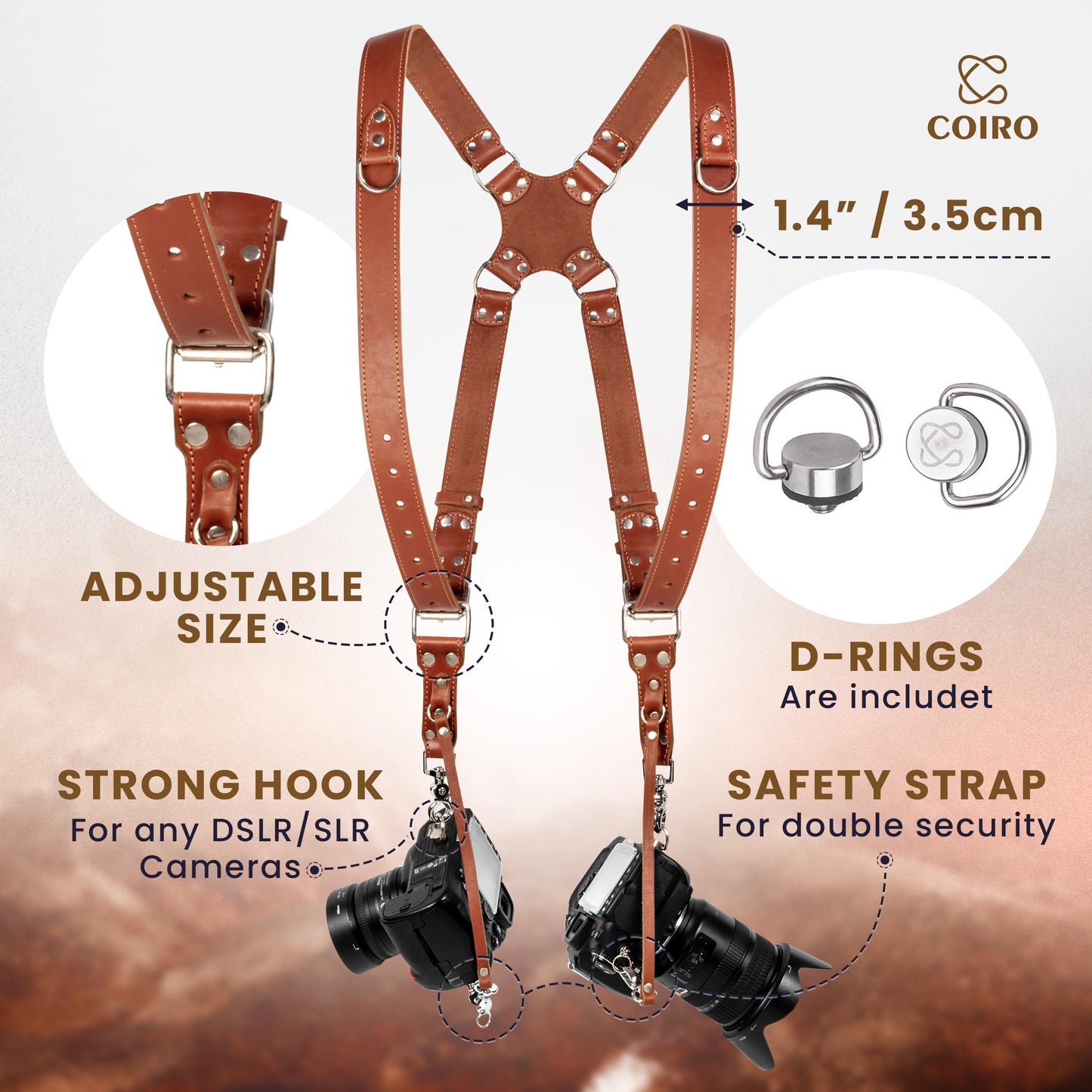 C Coiro Camera Harness for 2 Cameras – Dual Shoulder Leather Camera Strap – Double Camera Harness for DSLR/SLR, Tan, adjustable