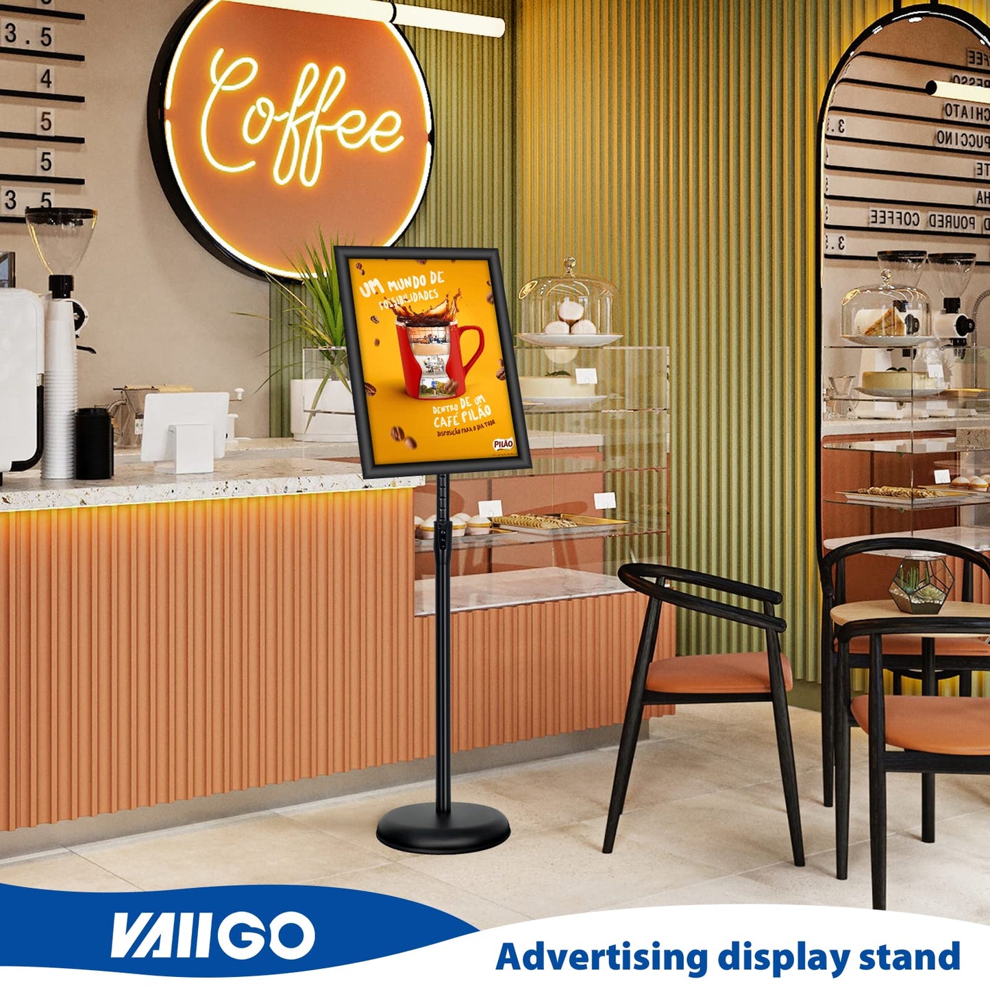 VAIIGO 2Pack 8.5x11 Inch Adjustable Pedestal Poster Sign Stand, Heavy Duty Floor Standing Sign Holder Stand Aluminum Snap Open Frame for Vertical and Horizontal View Sign Displayed(Black)