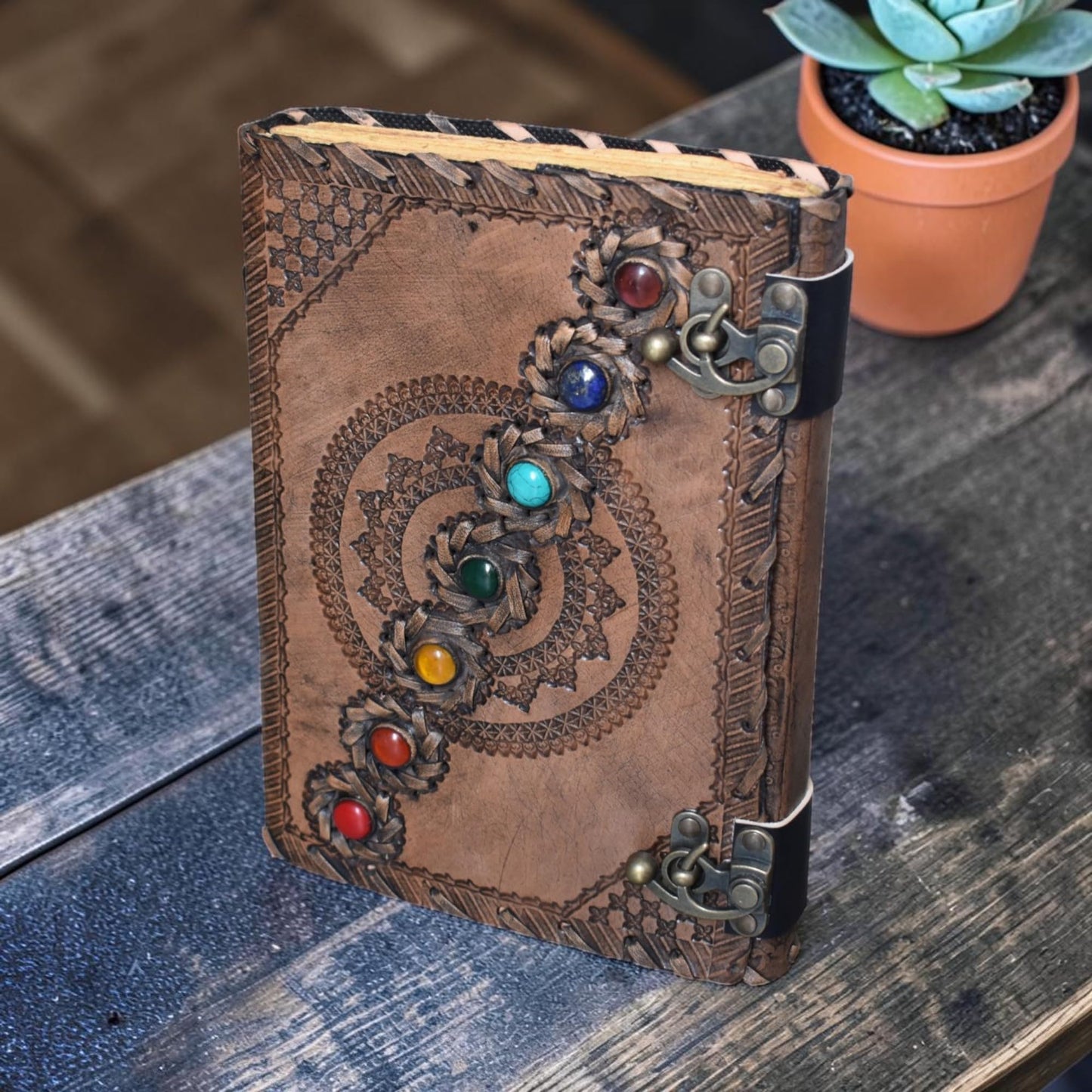 KMAAC leather bound journal book of shadows vintage leather journal deckle edge paper antique spell book wiccan seven stone chakra journal unlined lock daily notebook sketchbook 10x7