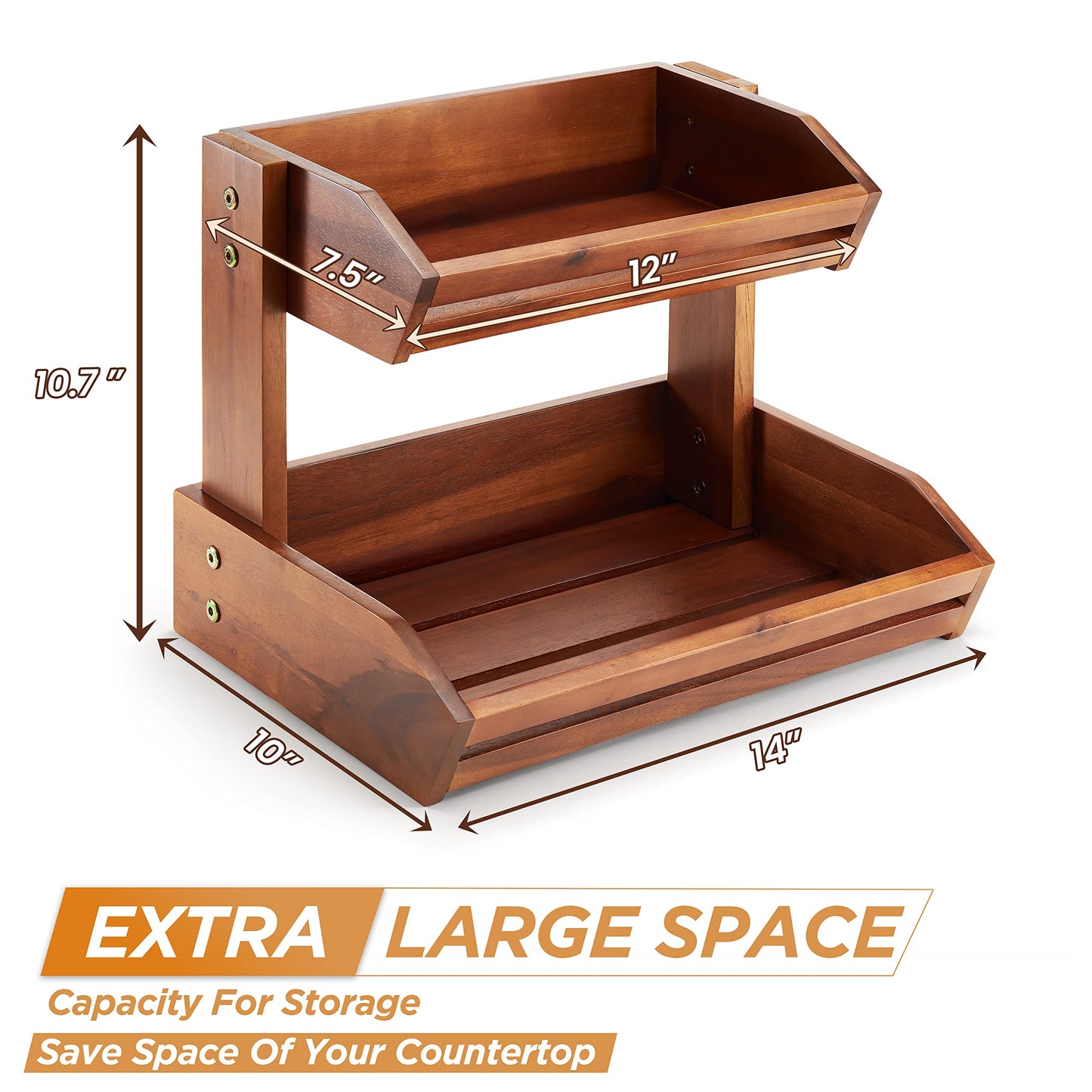 HOLANA Acacia Tier Fruit Basket for Counter – Wooden Fruit Bowl for Kitchen Counter Organizer, Vegetable & Produce Storage, Wooden Basket & Snack Organizer for Countertop Storage (Acacia, 2 Tier)