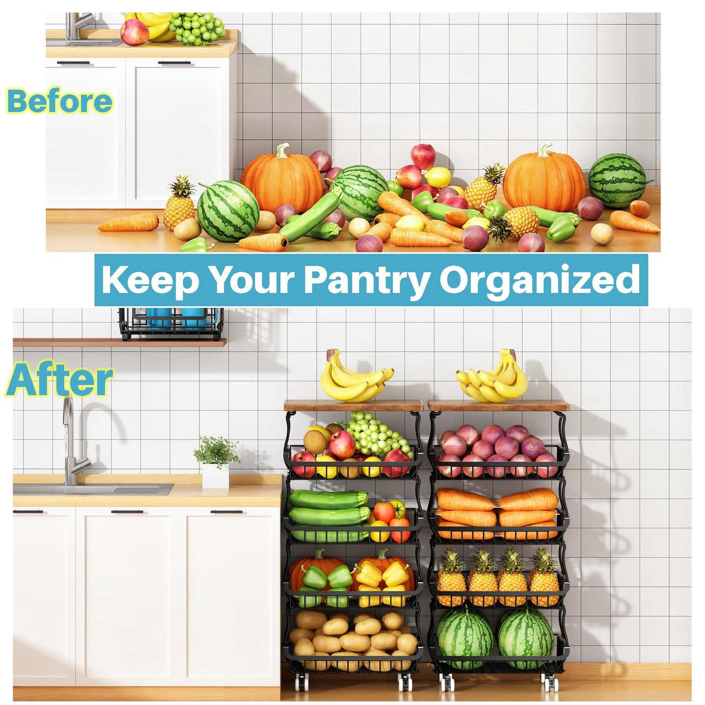 4 Tier Vegetable Fruit Basket for Kitchen, Stackable Metal Fruit and Vegetable Storage Baskets with Rolling Wheels Cart, Fruteros para Cocina Potato and Onion Bin Pantry Kitchen Island Cart Counter