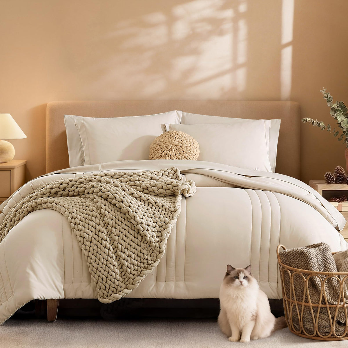 Monbix Queen Comforter Set - 7 Pieces Apricot Beige Bed in a Bag Queen Bedding Sets with Comforters, All Seasons Comforter Bed Set with Sheets, Pillowcases & Shams