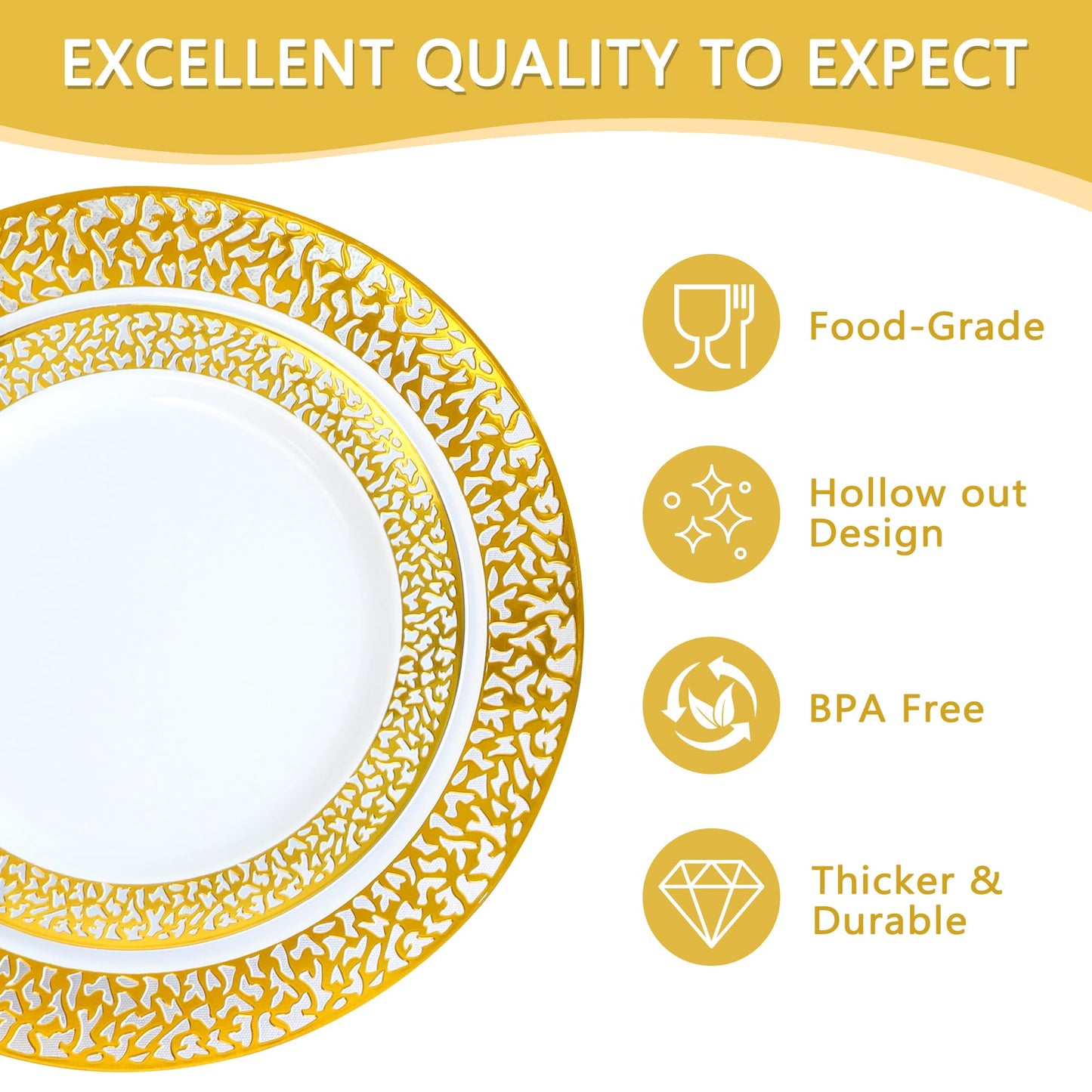 100 Pieces Disposable Party Gold Plastic Lace Plates, 50 Heavy Duty Gold Dinner 10.25 Inch and 50 Disposable Dessert Appetizer Elegant Fancy Wedding 7.5 Inch Plates