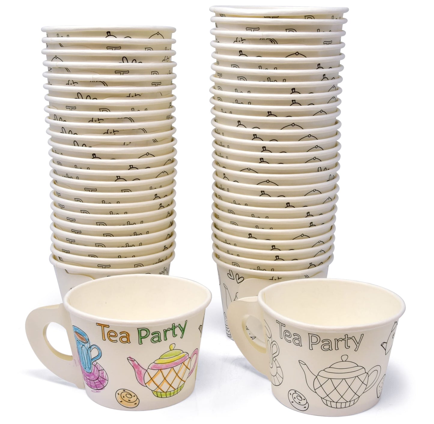 Gift Boutique 48 Count Color Your Own Tea Party Treat Cups with Handle 10oz Disposable Paper Snack Cup Dessert Ice Cream Teacup Bowls Coloring Activity Crafts