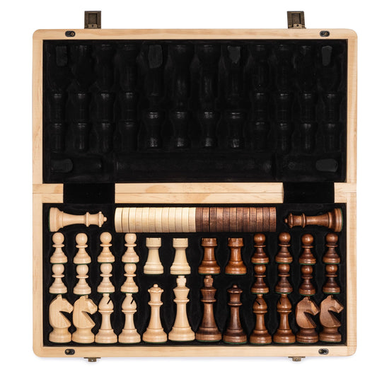 A&A 15 inch Wooden Folding Chess & Checkers Set w/ 3 inch King Height Staunton Chess Pieces / 2 Extra Queens