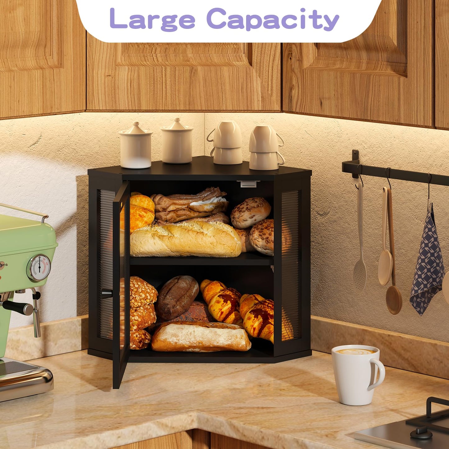 Wieghda Corner Bread box for Kitchen Countertop,Farmhouse Bread Box with Acrylic Wavy Door Panel,Large Bread box for kitchen countertop,Kitchen Countertop Food Storage Container (Black, Medium)