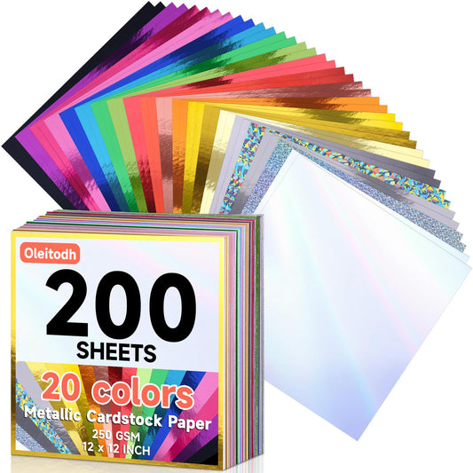200 Sheets Metallic Mixed Cardstock Paper Bulk 20 Colors,Foil Board Paper 12" x 12", Mirror Finish Surface, Assorted Mixed Glitter Paper 250gsm for Crafting Card Making Invitations Decorations