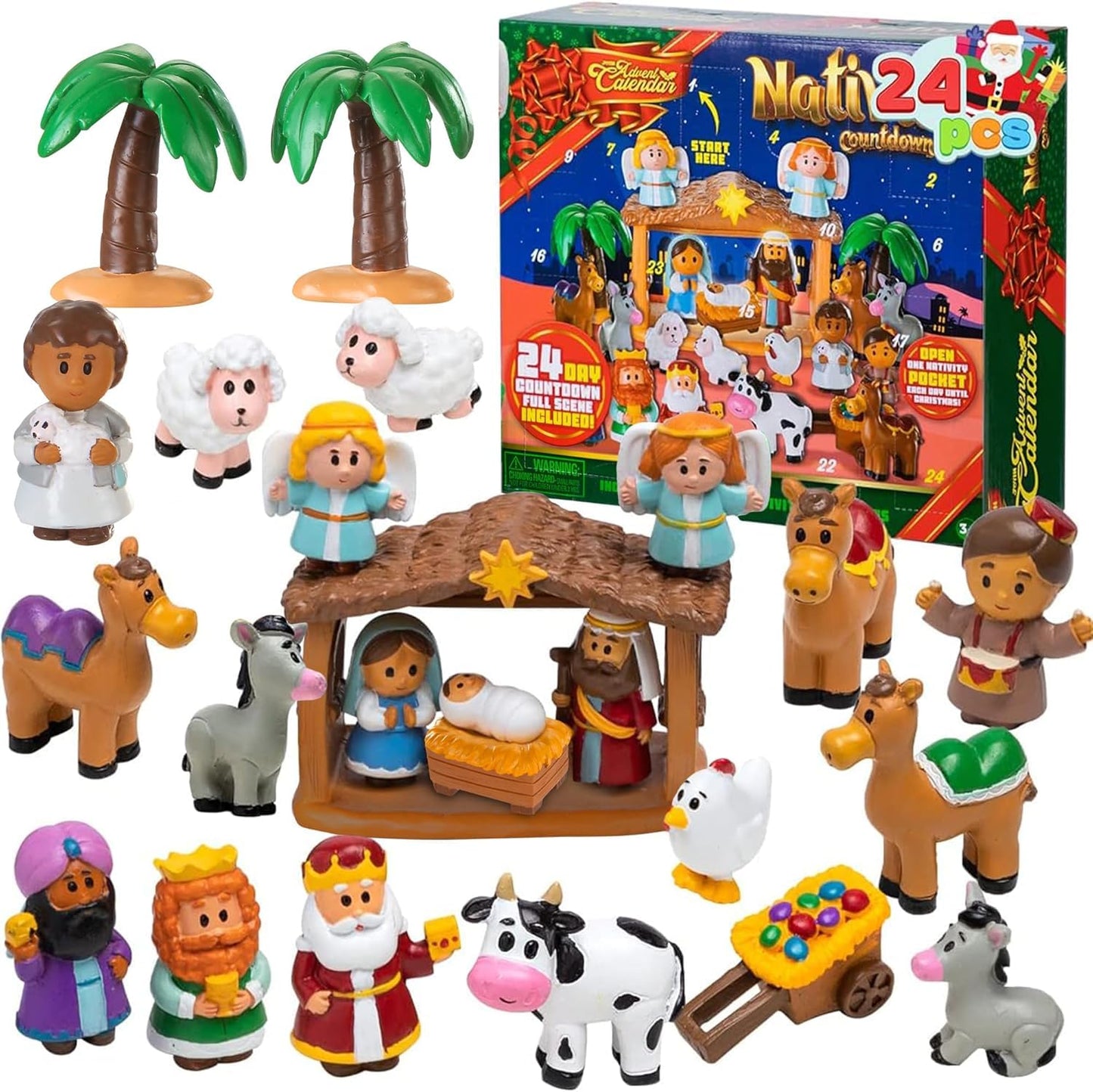 JOYIN 2025 Christmas Advent Calendar Nativity Figurine Set, Christmas Countdown Nativity Scene Set, 24 PCS Xmas Story Christian Religious Advent Calendar