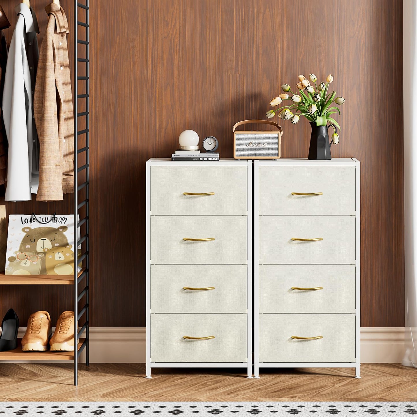 4-Drawer Dresser Vertical Storage Tower Fabric Dresser for Bedroom, Hallway, Entryway, Closet Organizer, Nightstand Bedside Table Furniture,Wooden Top (4-Tier, White)