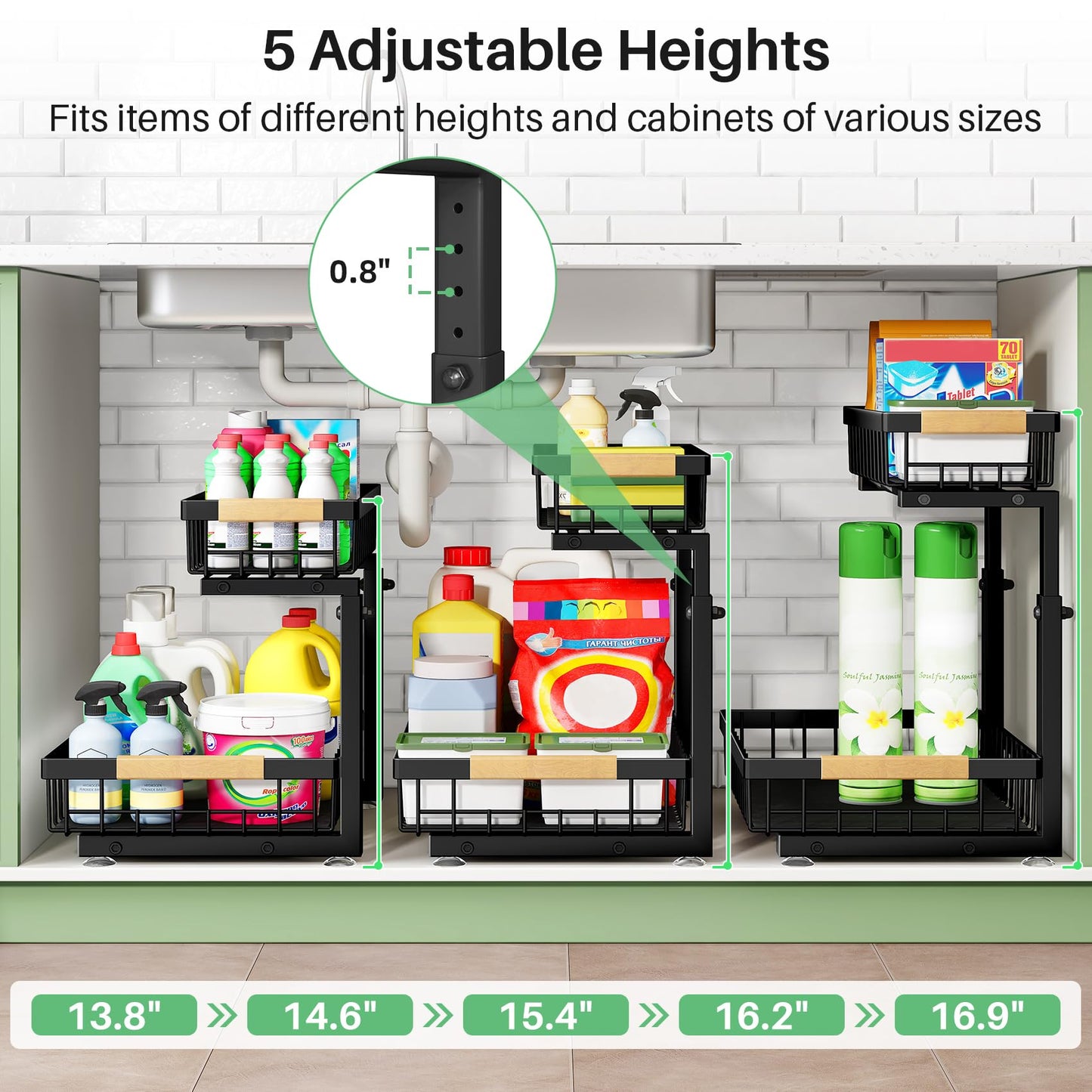 Kitstorack 2 Tier Under Sink Organizer, Slide Out Metal Kitchen Cabinet Organizers Drawer Shelf, Sliding Storage Shelves for Kitchen Bathroom Pantry Cabinet Closet Organization Rack