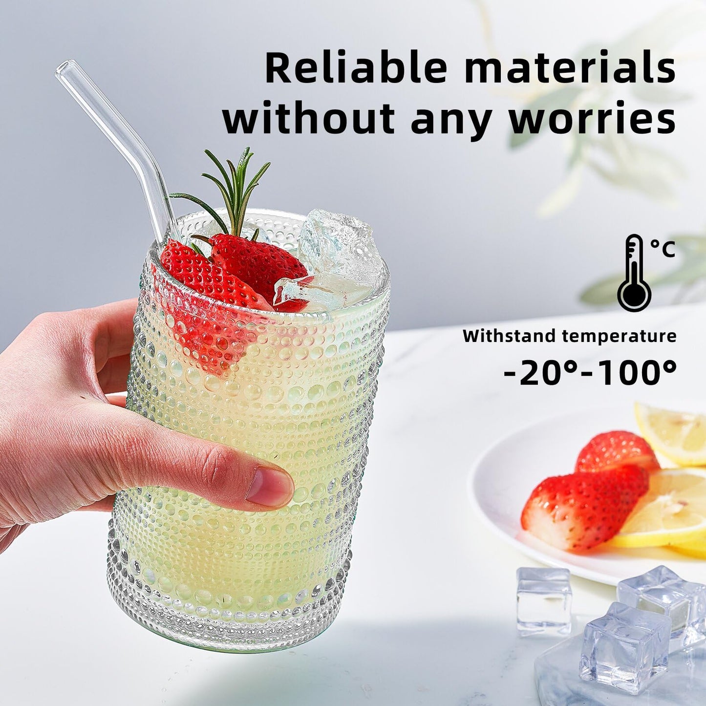 HomeVogue Large Glasses Set of 6,15 oz Hobnail Glassware with Straws, Vintage Glassware Drinking Glasses, Embossed Clear Water Tumbler, for Beer, Cocktail, Whiskey, Juice and Various Mixed Drinks