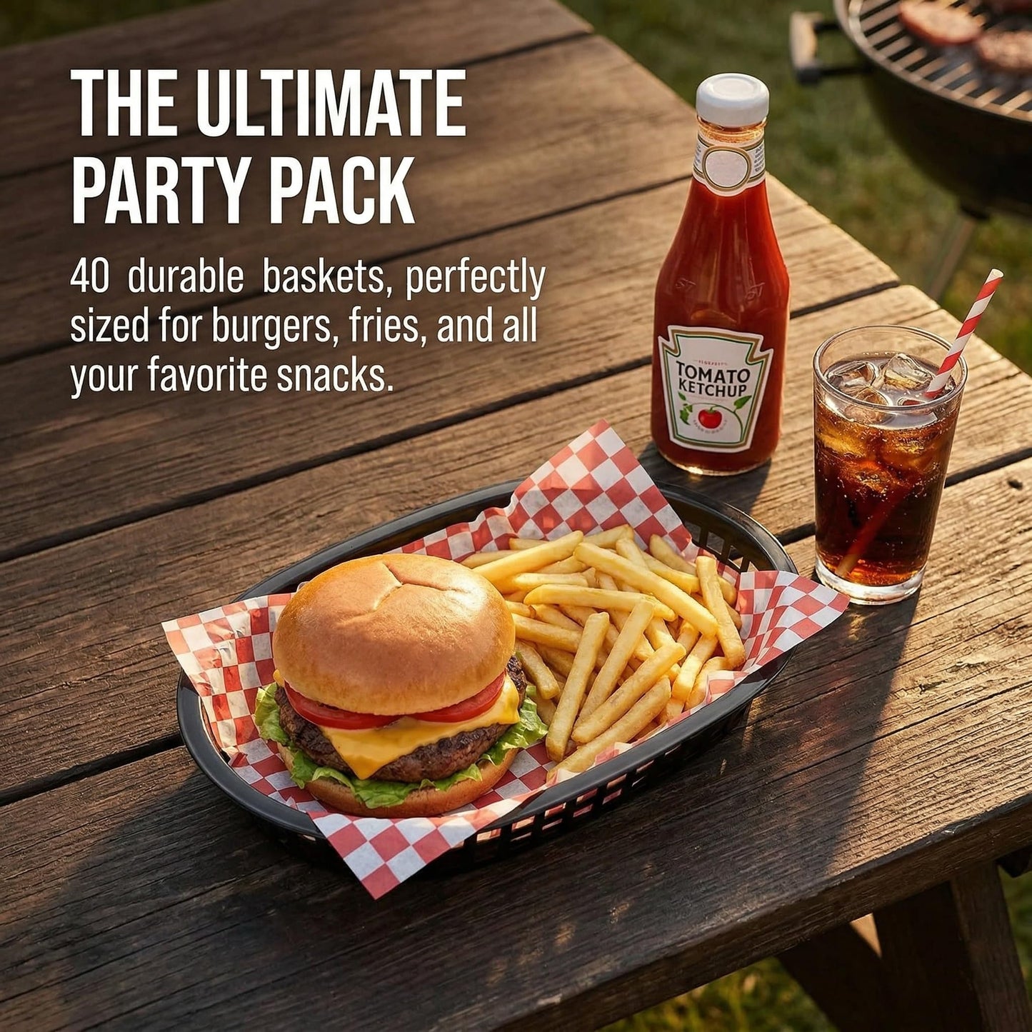 Cedilis 40 Pack Fast Food Baskets, 10.5 x 7 Inch Black Plastic Baskets, Food Service Tray for Hot Dogs, Burgers, Sandwiches, Fries, Barbecues, Picnics, Parties