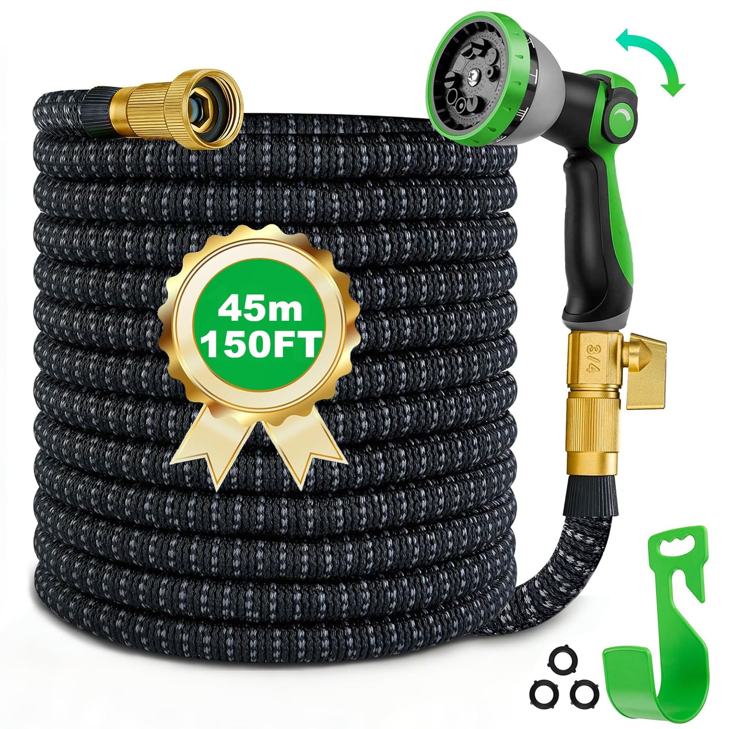 150FT Expandable Garden Hose with 10-Function Nozzle, 4-Layer Latex & 3750D Fabric, Extra Long Flexible No-Kink Water Hose with Solid Brass 3/4” Fittings for Large Yard Lawn Garden & Vehicle Cleaning