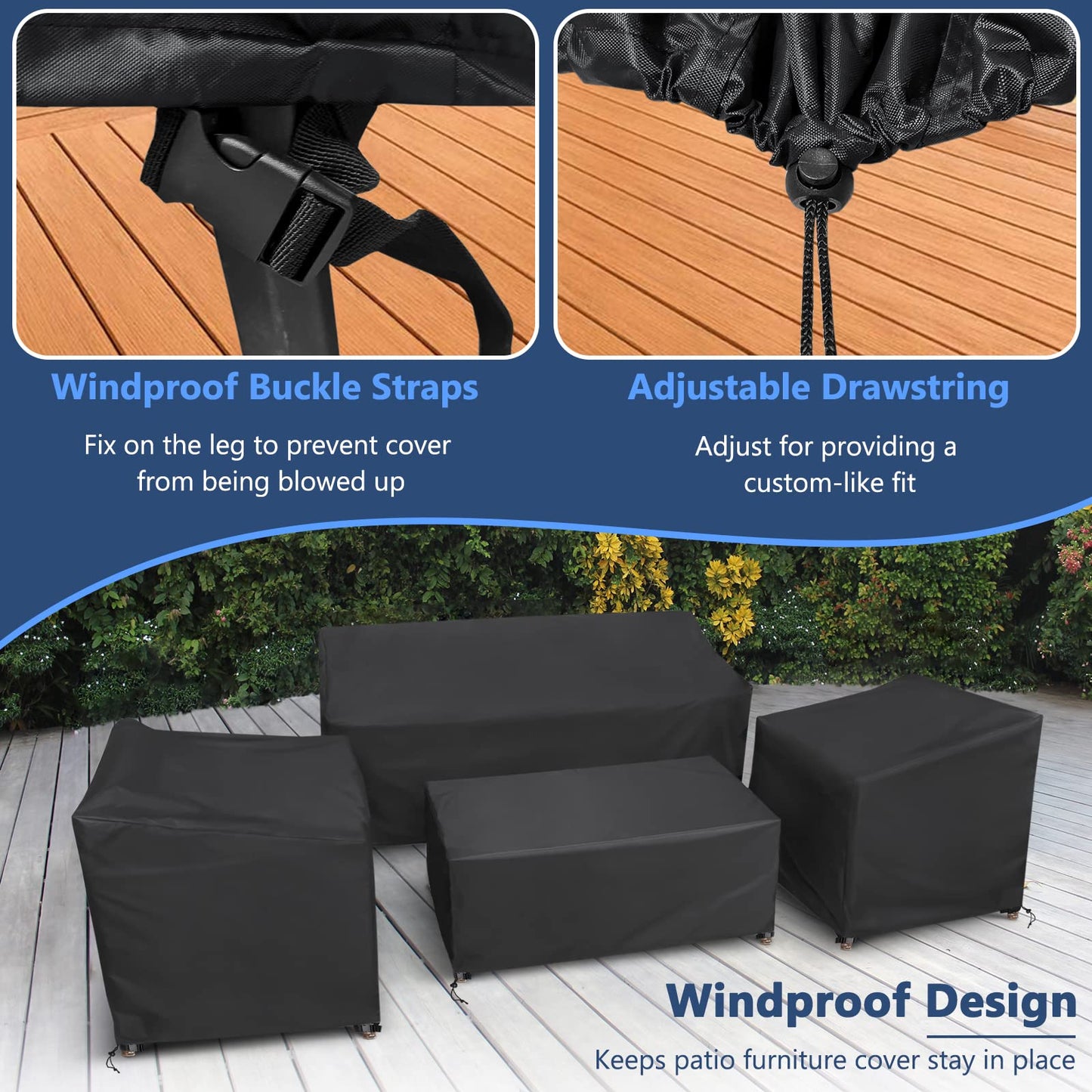 STARTWO Patio Furniture Covers 4 Piece Set, Heavy Duty Waterproof Outdoor Furniture Cover, Windproof with Buckle Strap and Drawstring, Black
