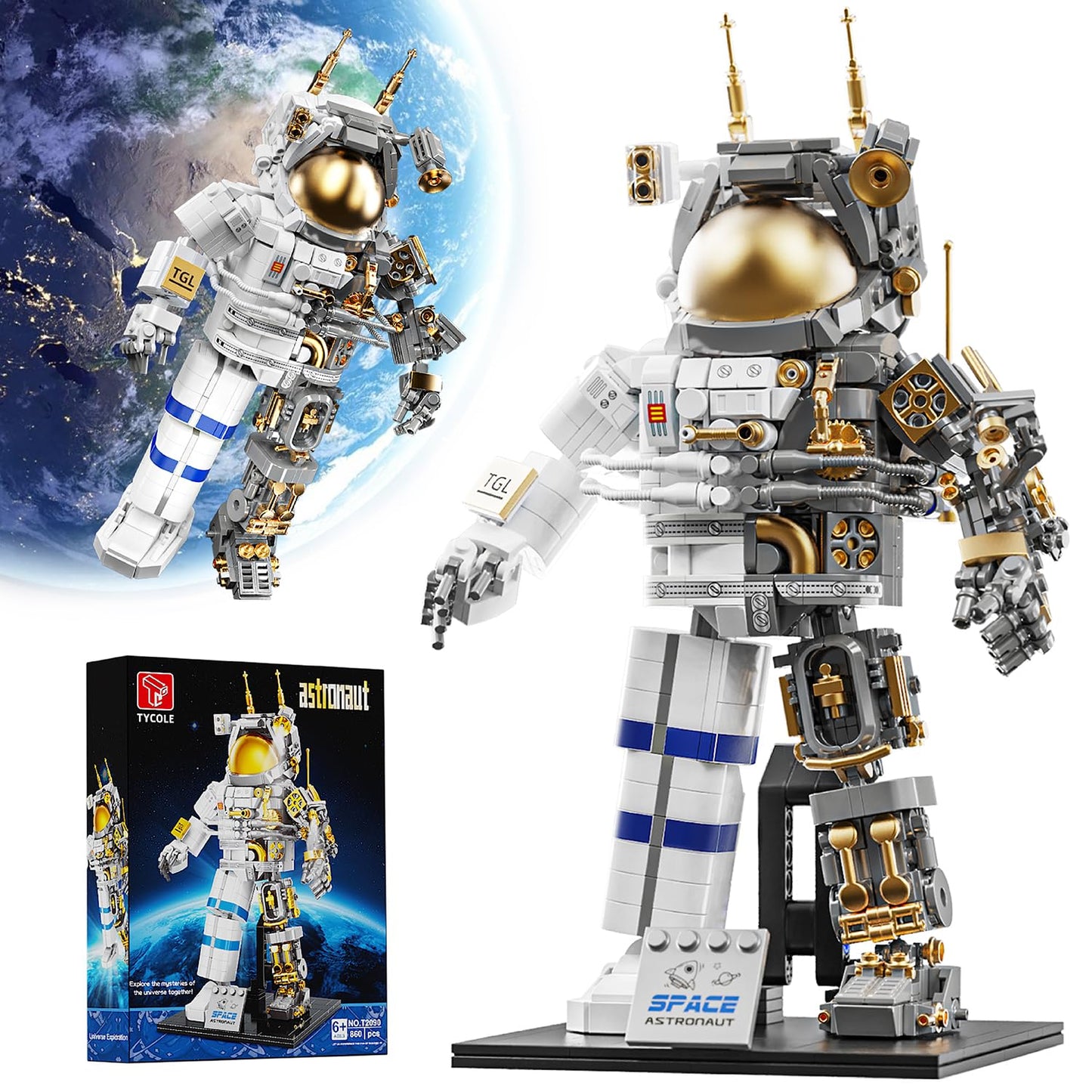 TYCOLE City Space Astronaut Building Toy Kit -Translucent Classic Spaceman Model Building Block Set with Display Stand,Home or Office Deco,Gift Idea for Adults&Kids Ages 8 and Up (860PCS)