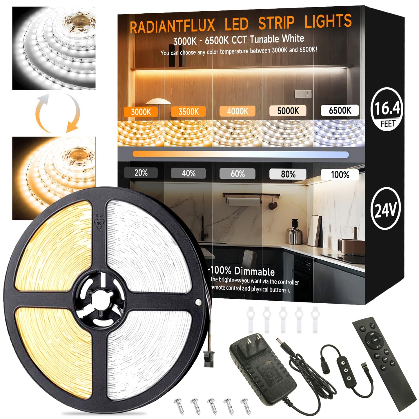 16.4ft Dimmable White LED Strip Light Kit, Dimmable 3000K-6500K, 24V Strip Lights with Remote Control, Flexible LED Strip Light, Eye Protection for Bedroom, Home Lighting, Mirror, Kitchen, Bar Cabinet