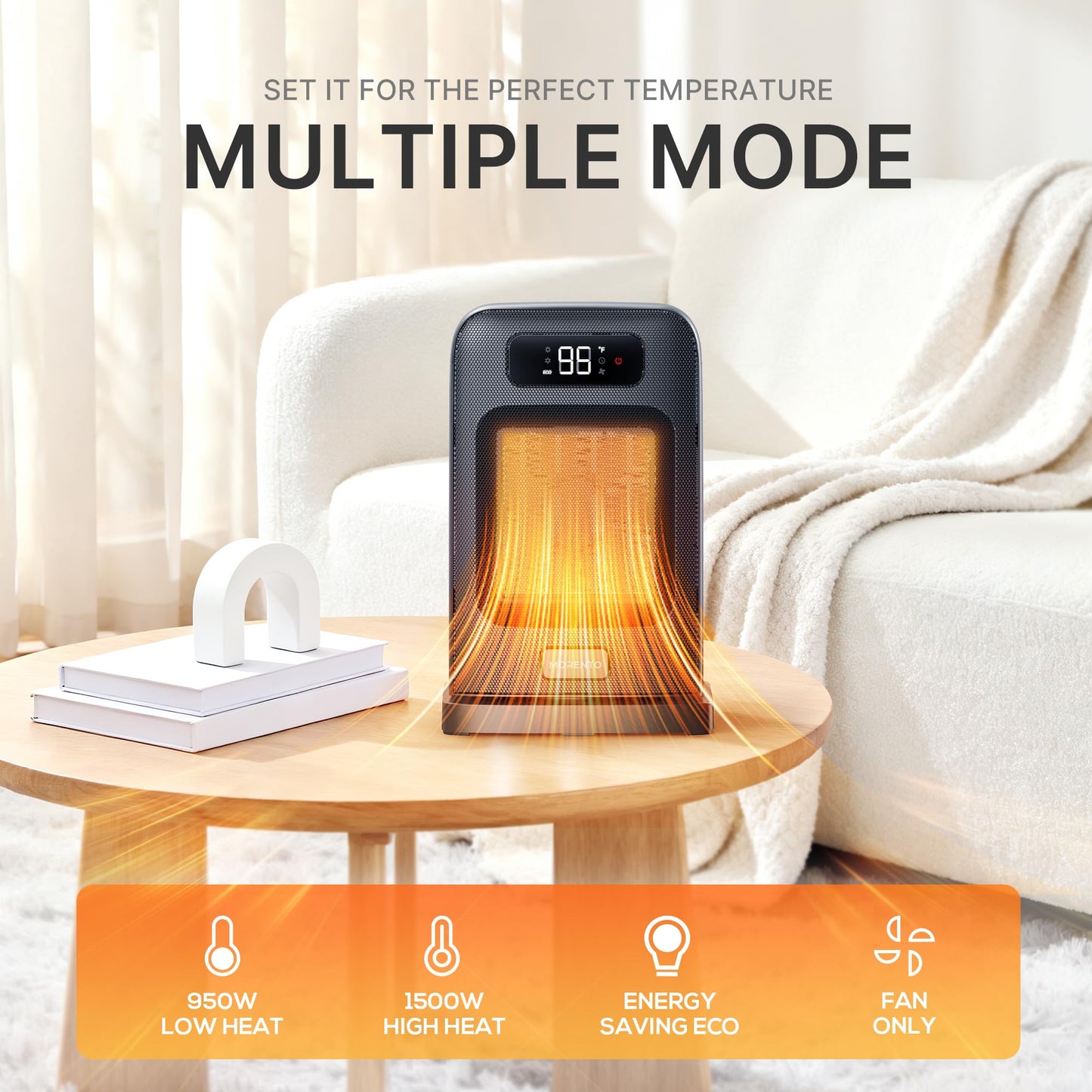 MORENTO Space Heater, 1500W PTC Room Heater with Remote Control, ECO Mode, 12H Timer, 70° Oscillating, LED Display, Thermostat, Tip-over Protection, Portable Heater for Bedroom, Office, Room (Black)