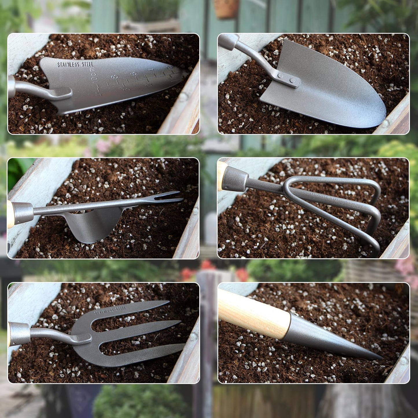 Japanese Gardening Tools Set, 6 Pcs Garden Tools Set, Black Painted Stainless Steel Heavy Duty Gardening Tools Kit, Hand Trowel, Dibble, Hand Rake, Weeder, Transplanter and Hand Folk