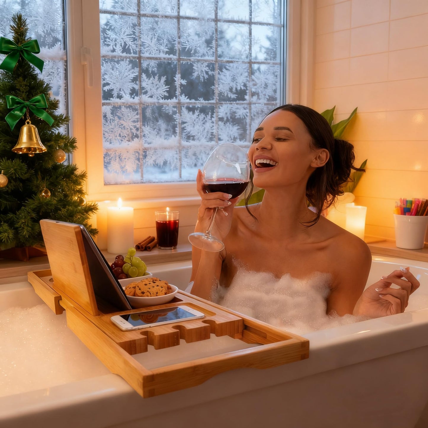 Utoplike Bamboo Bathtub Trays Caddy Bath Tray for Tub, Adjustable Bathroom Bathtub Organizer with Book Tablet Wine Cup Towel Holder, Bathroom Trays