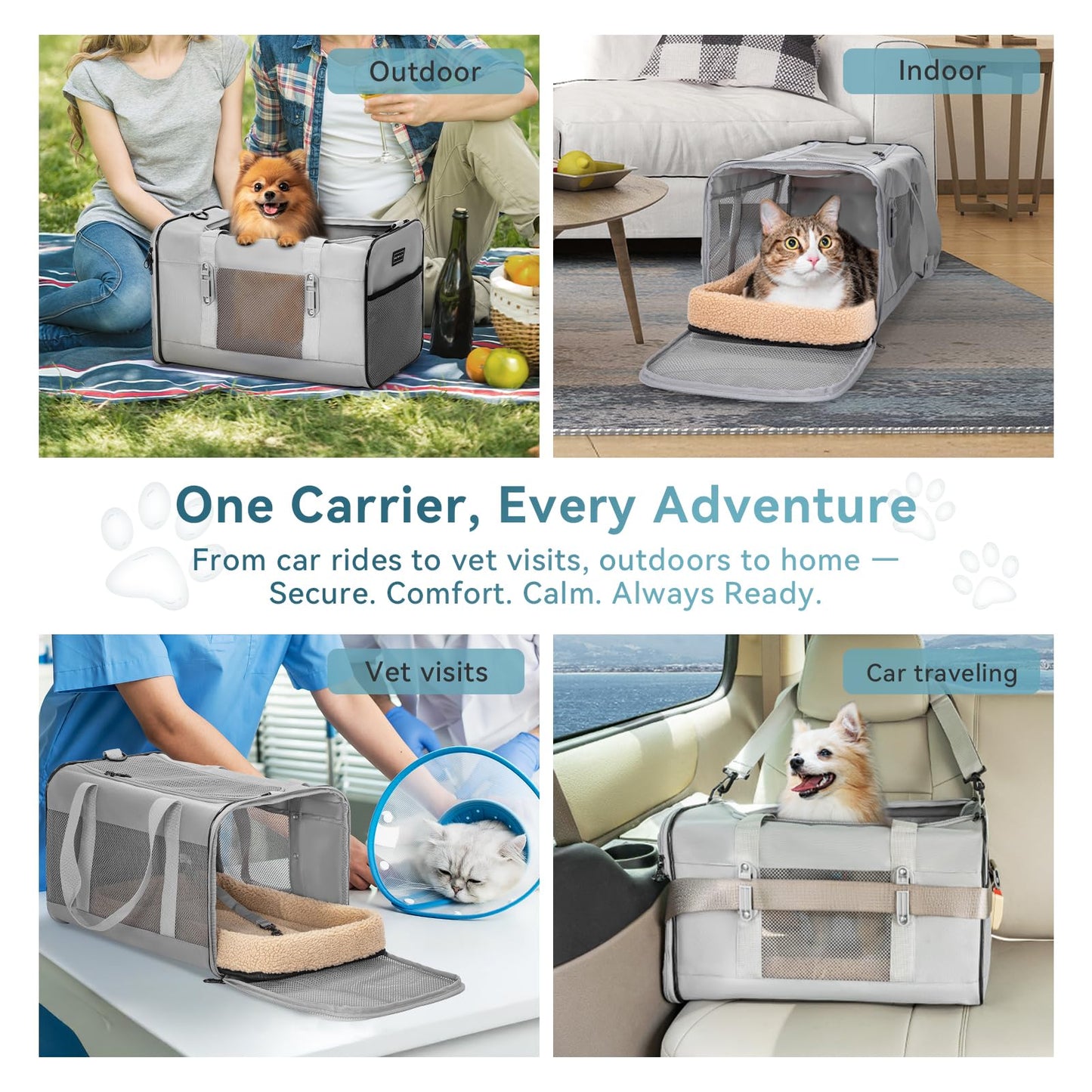 Petsfit Travel Pet Carrier for Large Cats (up to 20 lbs), Soft-Sided Dog Car Travel Carrier with Patented Buckle and Soft Padding, Ideal for Car Road Trips,19X12X12 Inch,Grey