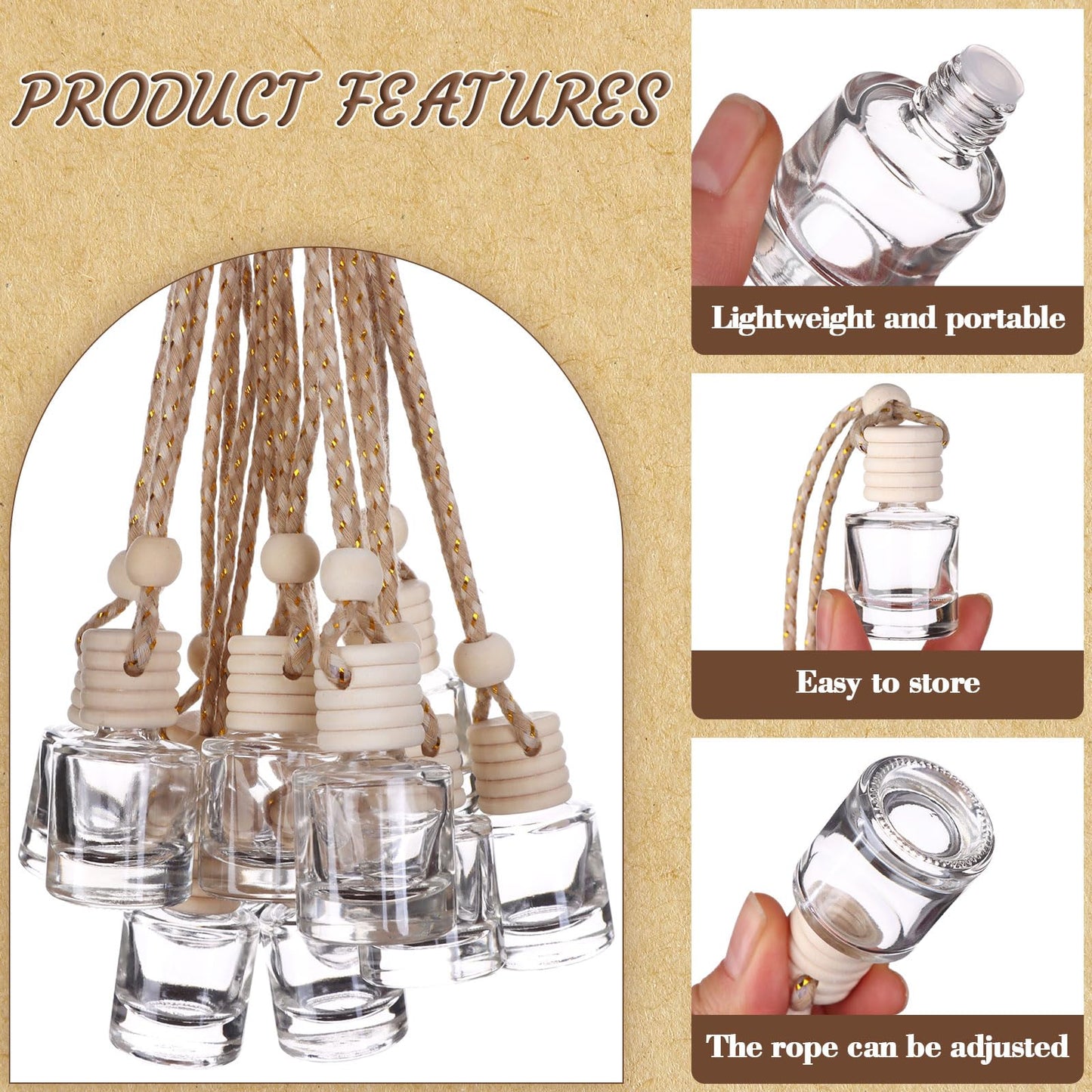 RZJSLSHANHAI 50 Pcs 8ml Hanging Car Air Freshener Diffuser Cylindrical Shape Empty Clear Glass Essential Diffuser Oil Aromatherapy Fragrance Perfume Car Air Freshener Perfume Bottle with Wooden Cap