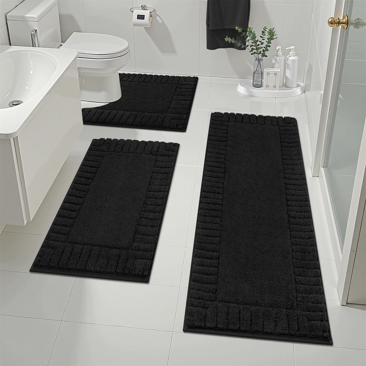 Pauwer Bath Mat for Bathroom Non Slip Bathroom Mat Sets 3 Piece Absorbent Bathroom Rug Plush Shaggy Bath Rugs Set with U-Shaped Contour Toilet Mat Machine Washable, Black