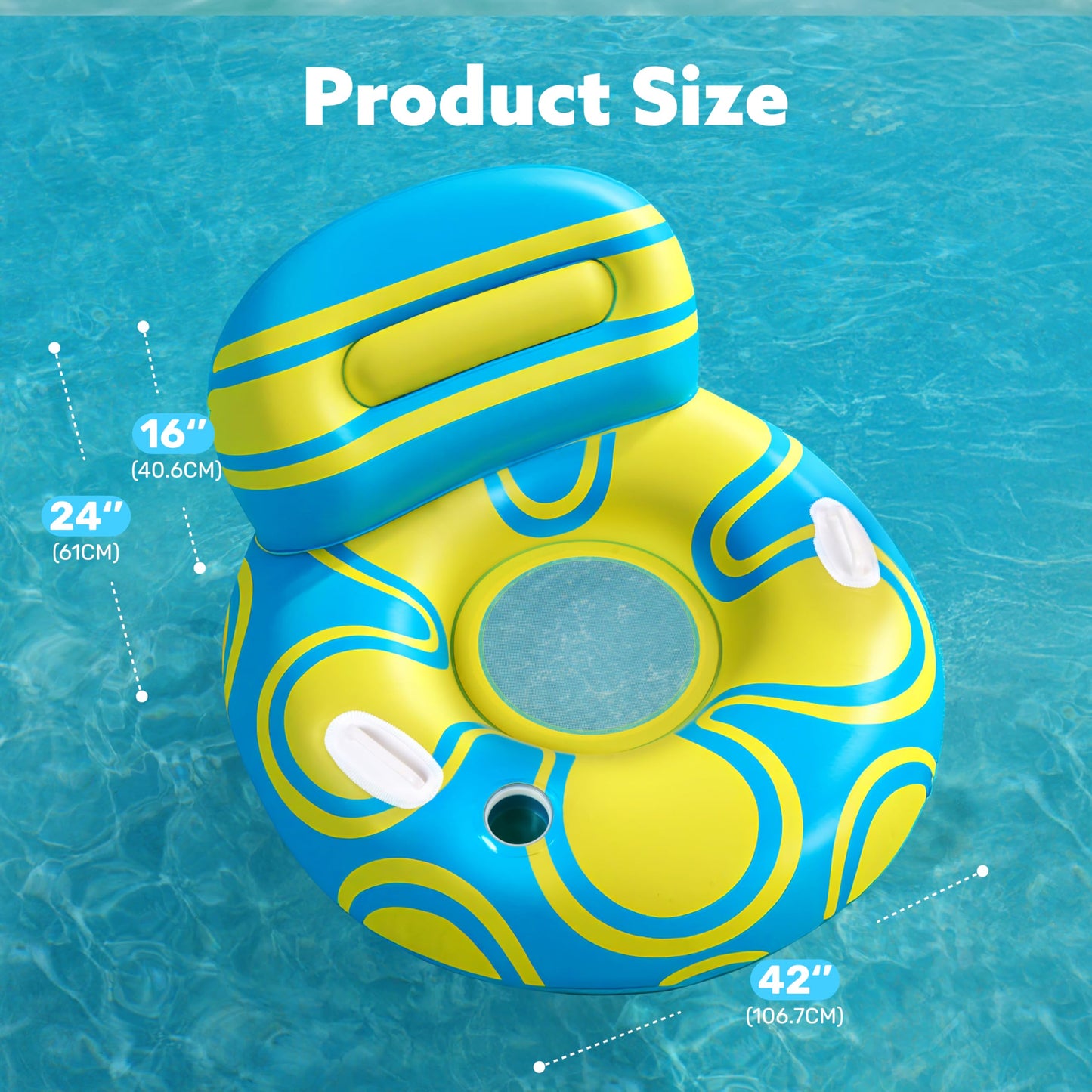Sloosh Inflatable Pool Float Lounger - River Tube Floating Chair Sofa with Big Backrest, Blow Up Floaties Lake Raft Lounge with Mesh Bottom Handle Cup Holder Pool Party Toys for Adults (Blue Yellow)