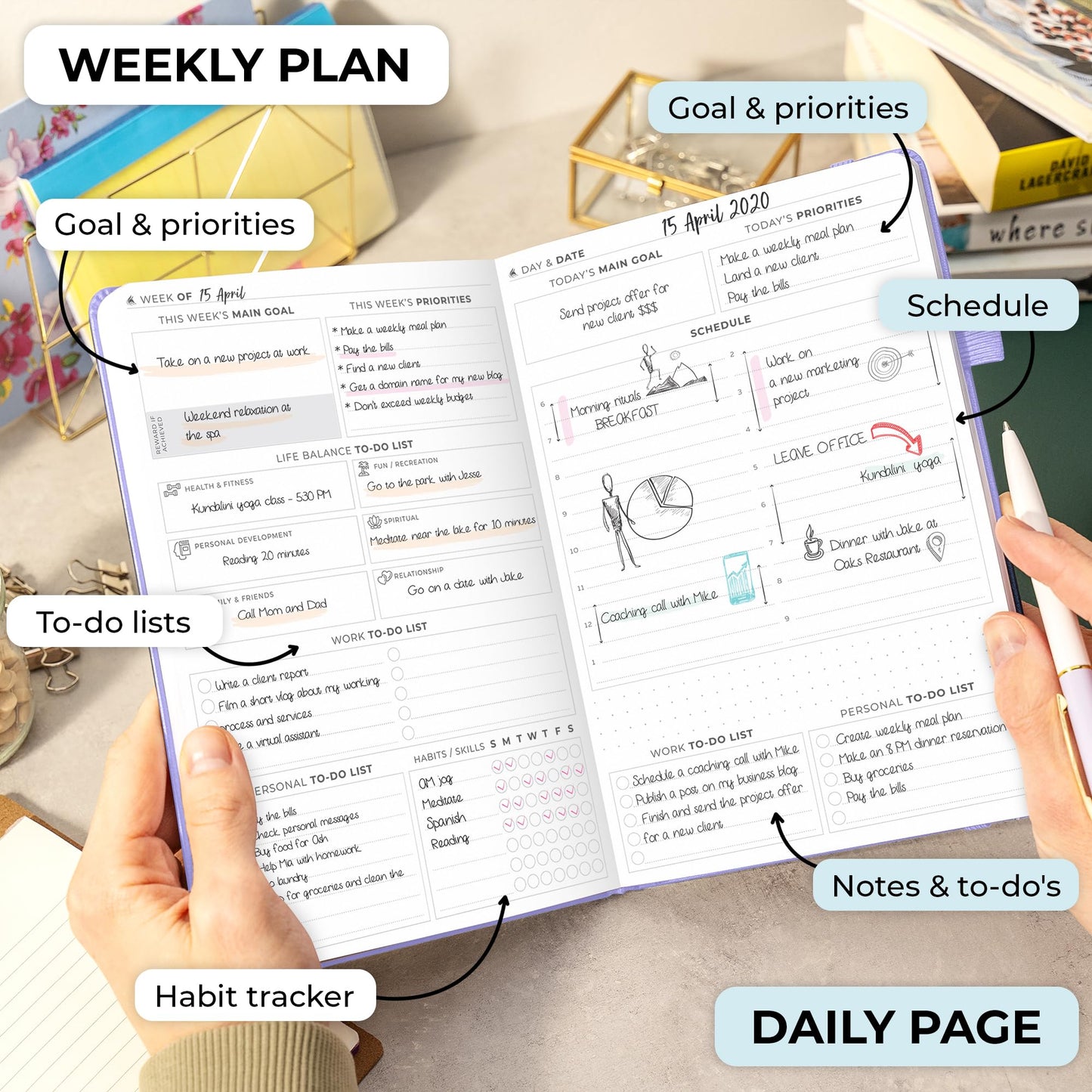 Clever Fox Planner Daily Premium Edition – Undated Luxurious Daily Planner with Hourly Schedule, Personal Organizer, Productivity & Goal Journal, Start Anytime, A5-sized, Lasts 6 Months - Lavender