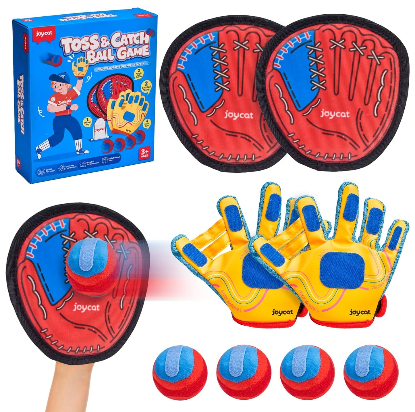 JoyCat Toss and Catch Ball Game with 2 Gloves for Kids & 2 Paddles for Adult or Kids, Outdoor Toys for Family Camping, Beach & Yard Games, Toddler Baseball Glove, Gift for 3-12 Year Old