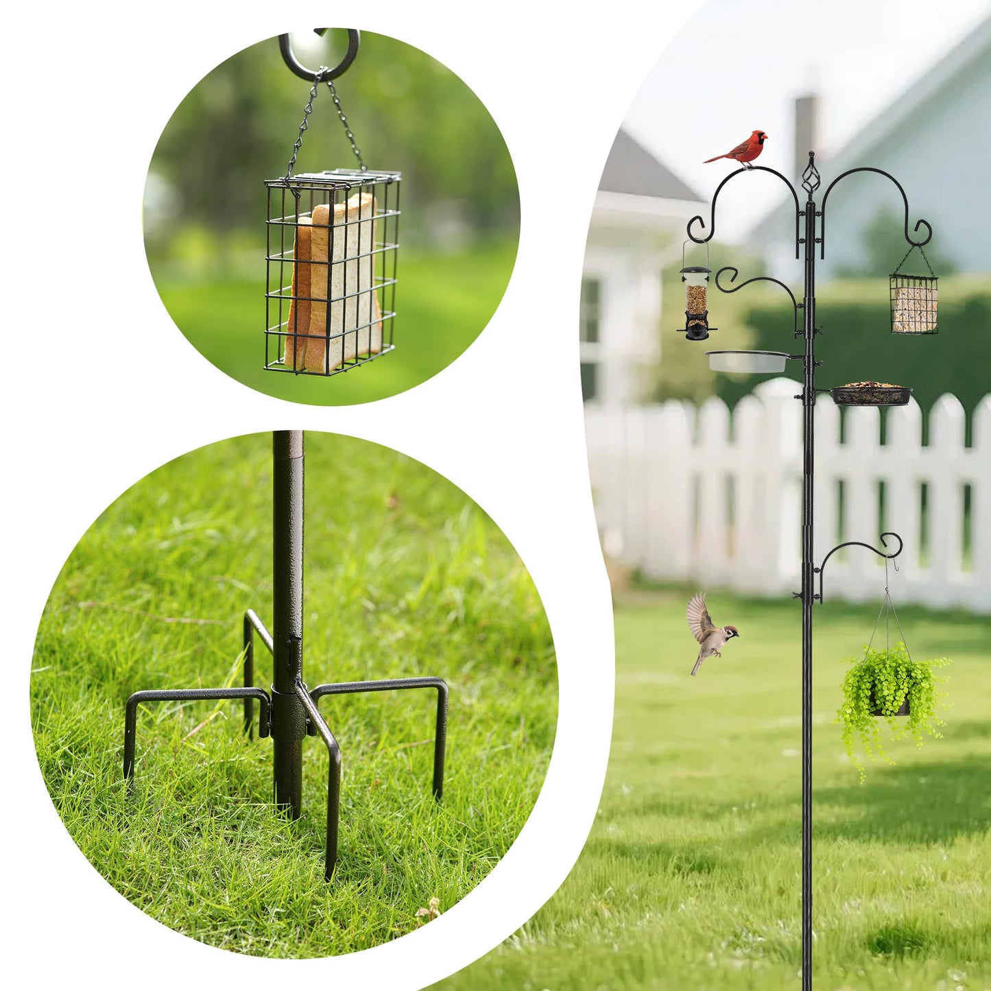 Bird Feeder Pole Bird Feeding Stand Outdoor Hanging Wild Bird Feeder Station Kit Planter Hanger Multi Feeder Hanging with Metal Suet Feeder Bird Bath for Attracting Wild Birds