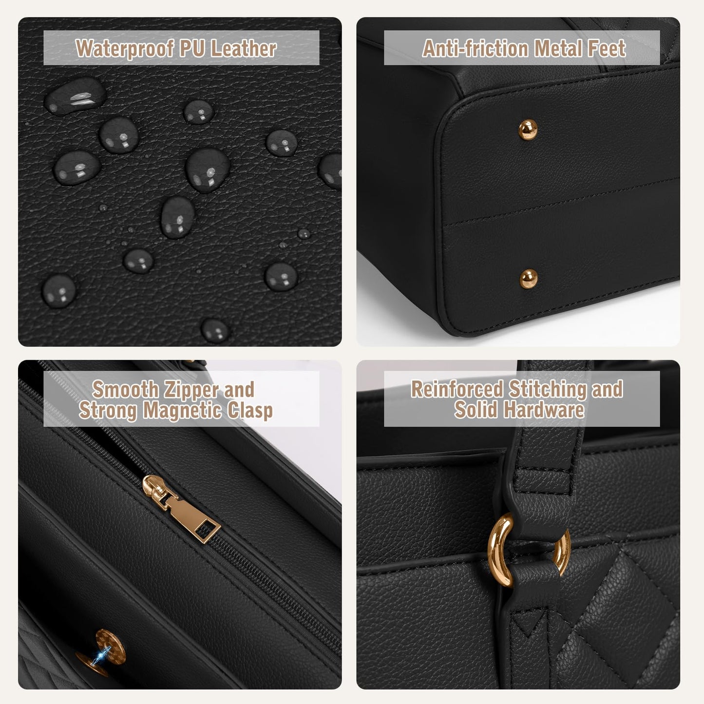 RAINSMORE Laptop Bags For Women 15.6 Inch Work Tote Bag Large Laptop Purse PU Leather Handbag Waterproof Office Computer Briefcase with Zipper for Business Travel, Black