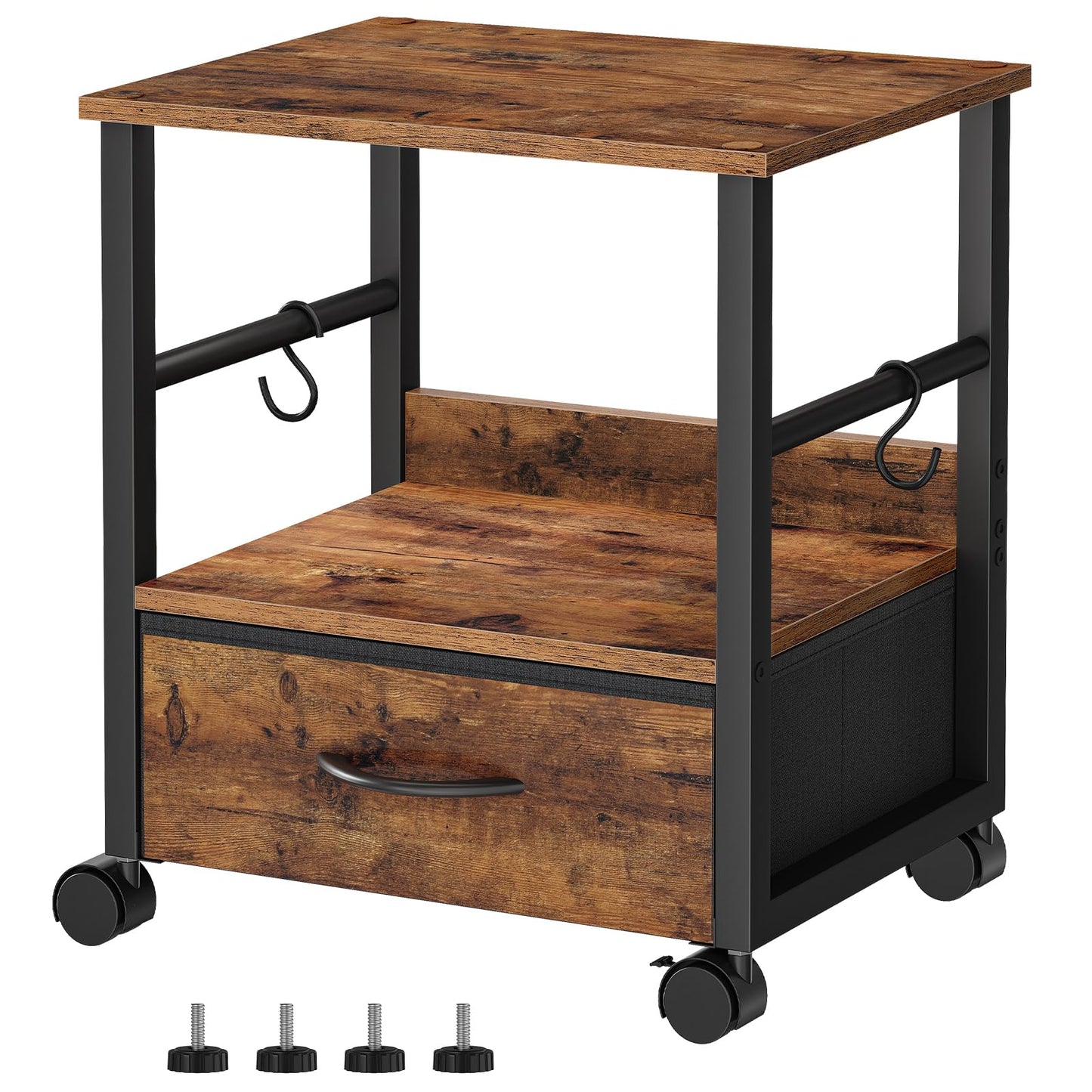 HOOBRO 2-Tier Printer Stand with Drawer, Under Desk Printer Table, Printer Cart with Storage, with Casters/Adjustable Feet, for Home Office, Study, Living Room, Rustic Brown and Black, BF20PS01