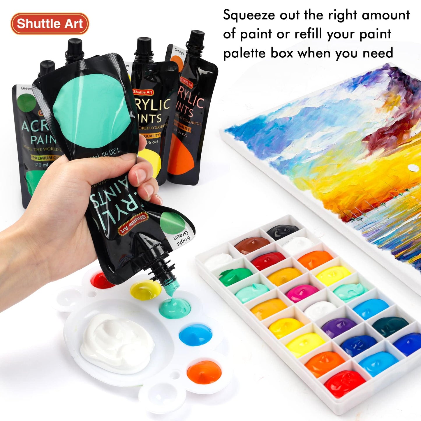 Shuttle Art Acrylic Paint, 18 Colors Acrylic Paint Pouches (120ml/4.06oz), Artist Grade Acrylic Paint Set, Rich Pigments, Non-Toxic for Artists, Beginners and Kids on Rocks Crafts Canvas Wood Ceramic