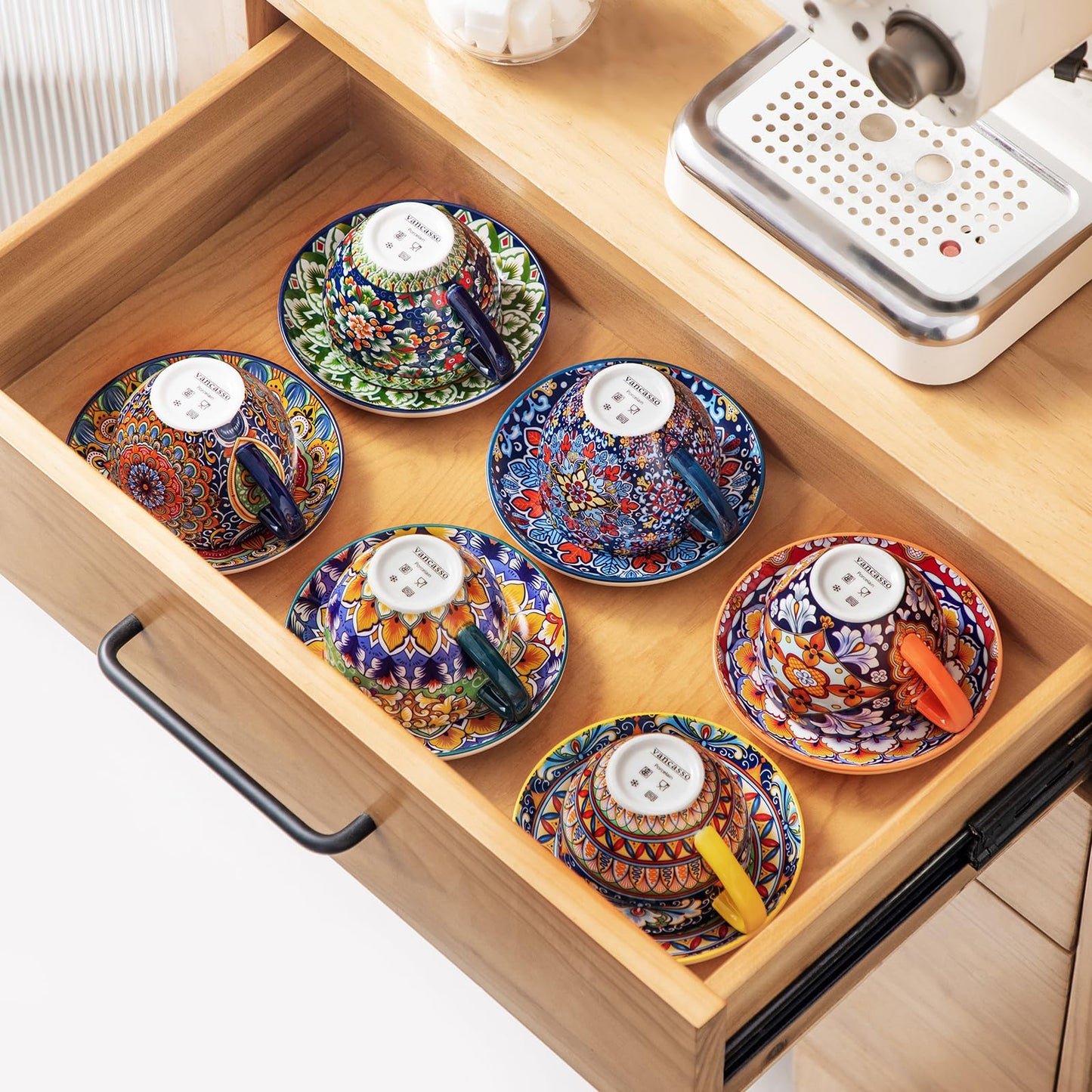 vancasso 8 oz Cappuccino Cups with Saucers Set of 6, Bohemian Ceramic Coffee Cup for Latte, Espresso, Microwave & Dishwasher Safe - Porcelain Latte Mugs for Cafe